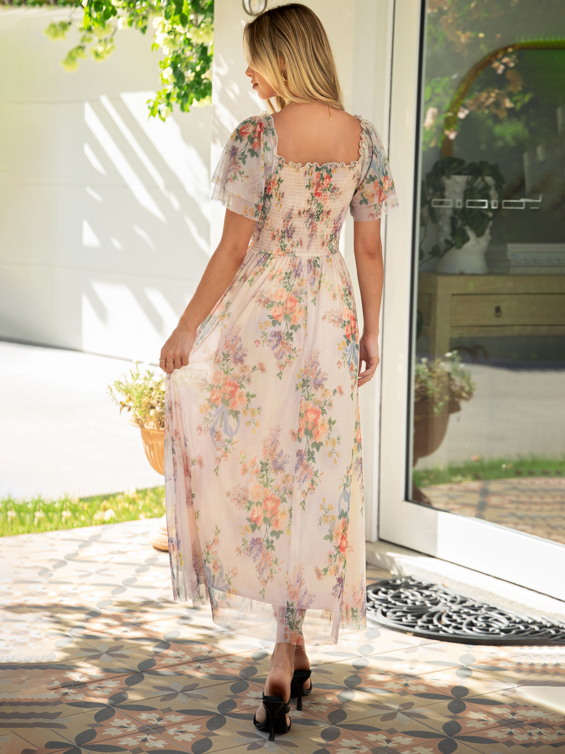 Floral Square Neck Smocked Flutter Sleeve Maxi Dress