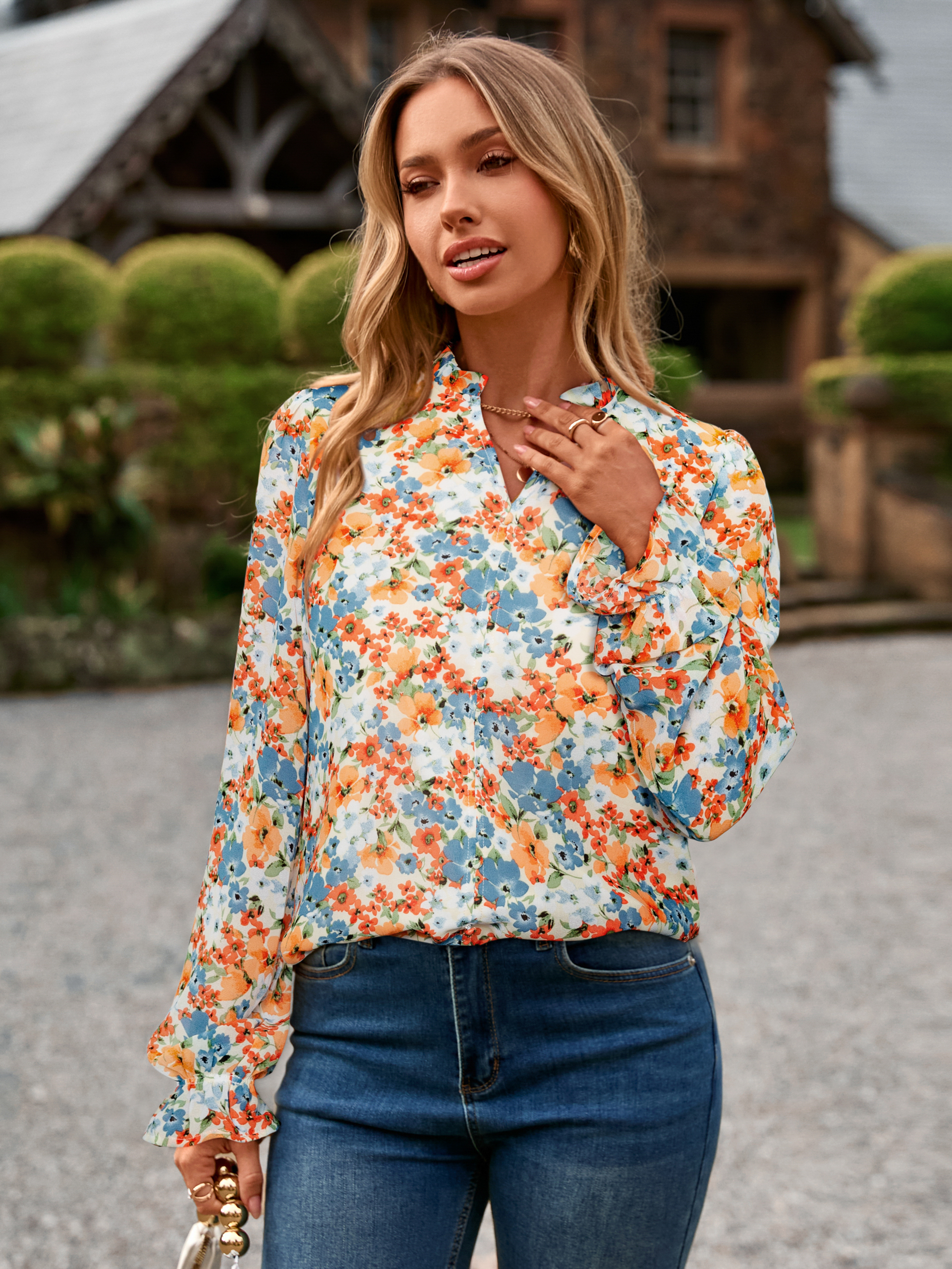 Floral V Neck Puff Sleeve Chiffon Blouse