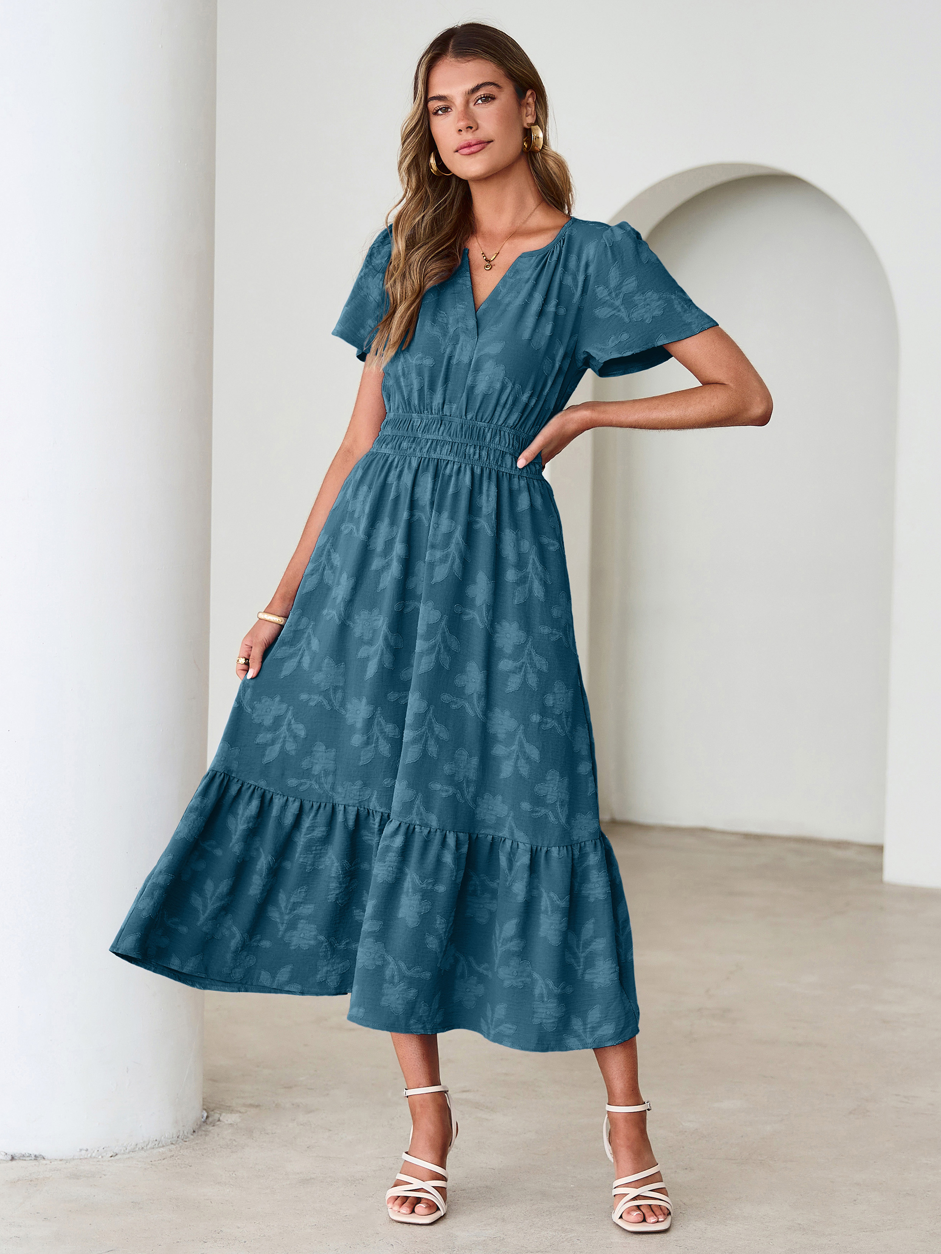 V Neck Burnout Floral Ruffle Maxi Dress