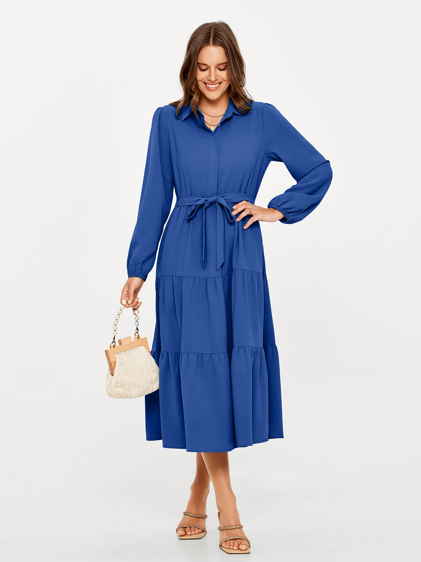 Button Up Lantern Sleeve Flowy Maxi Dress