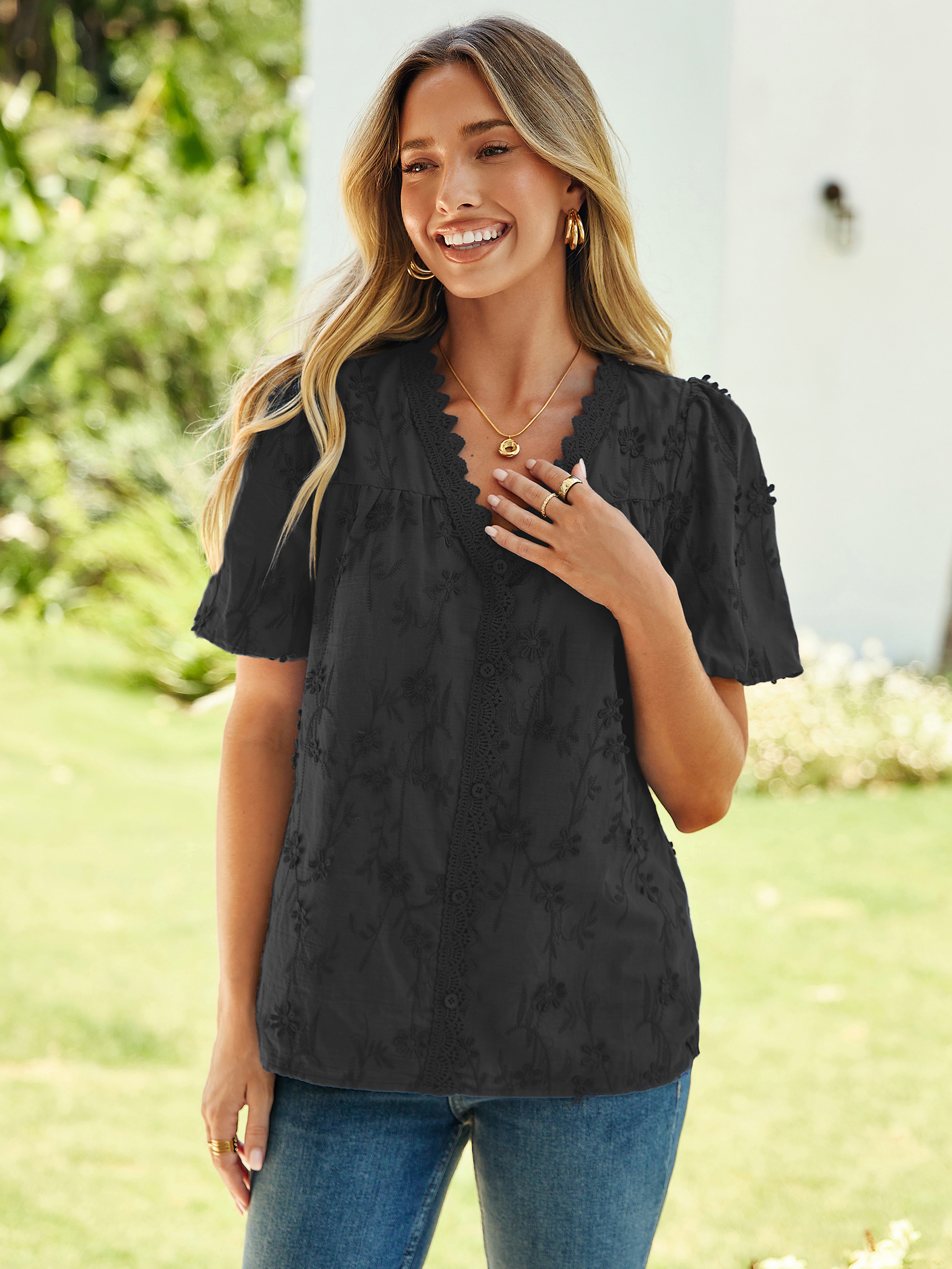 Lace V Neck Floral Embroidery Button Down Top
