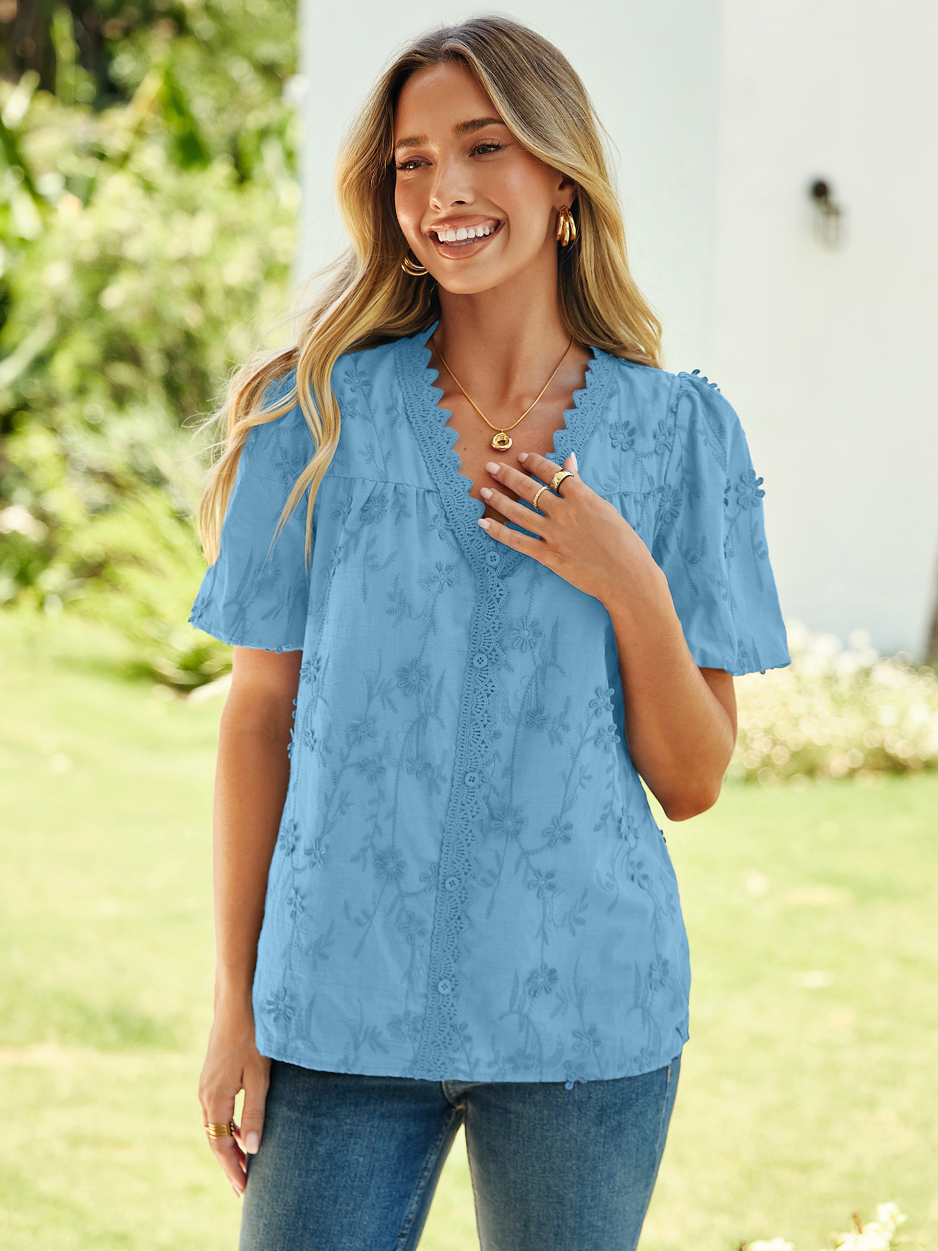 Lace V Neck Floral Embroidery Button Down Top