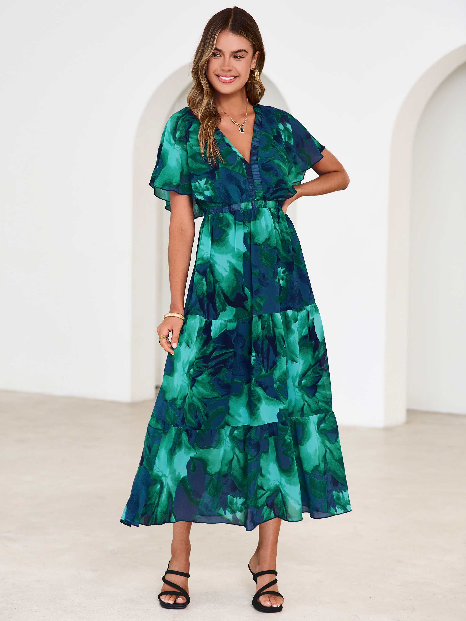 Floral V Neck Ruffle Sleeve Backless Maxi Dress