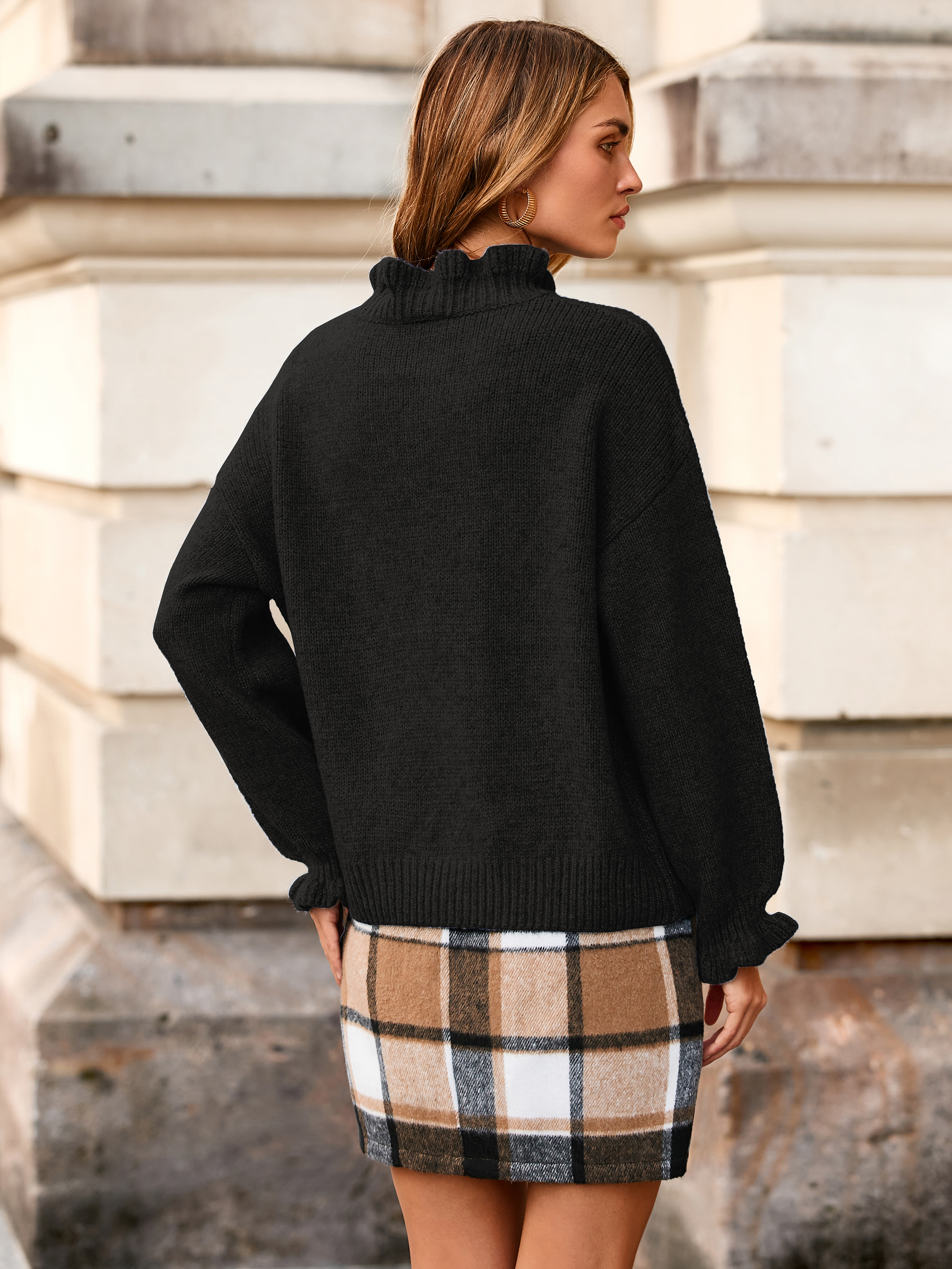 Ruffle Collar High Neck Oversized Knit Sweater