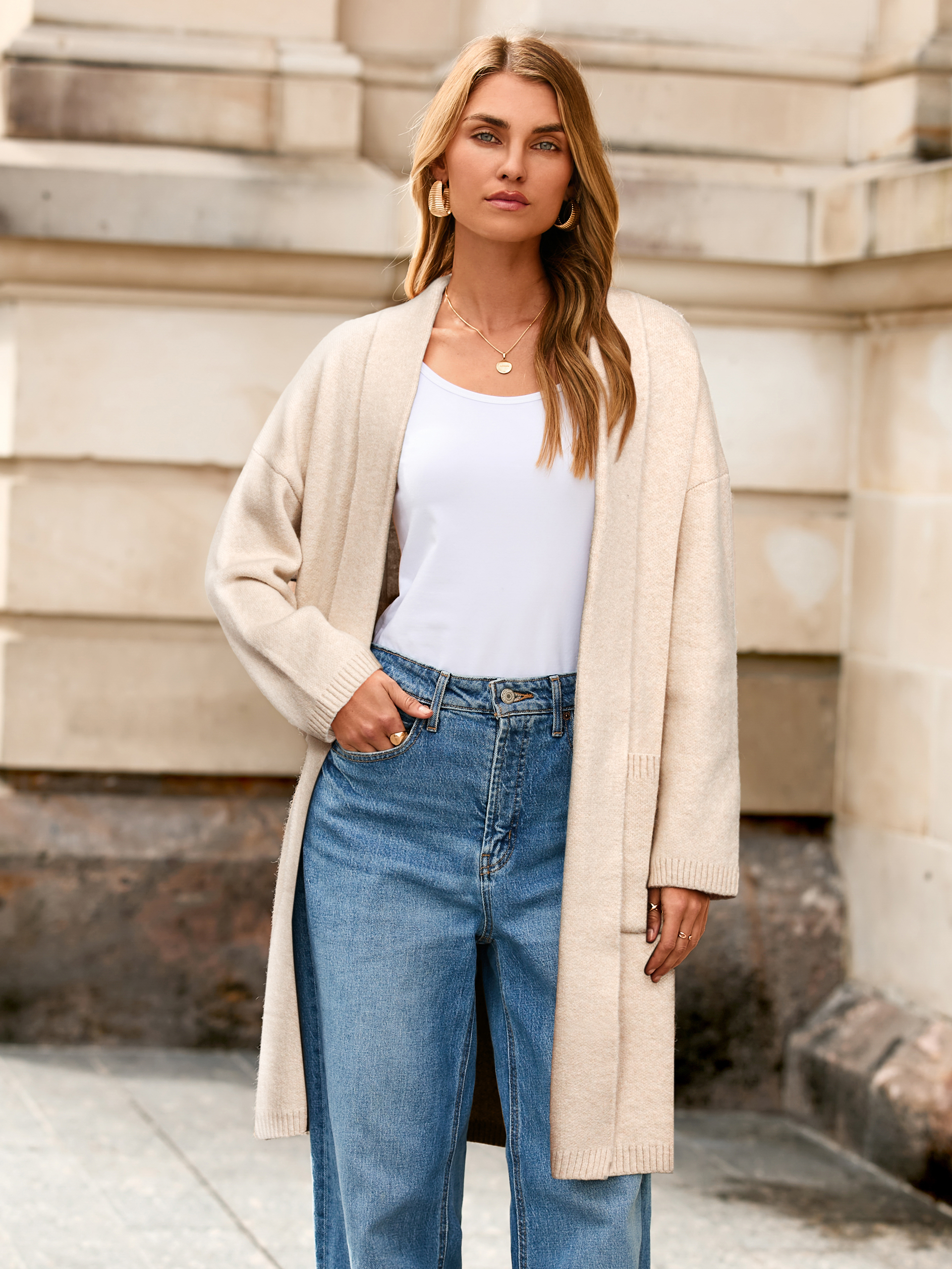 Color Block Open Front Long Knit Cardigan