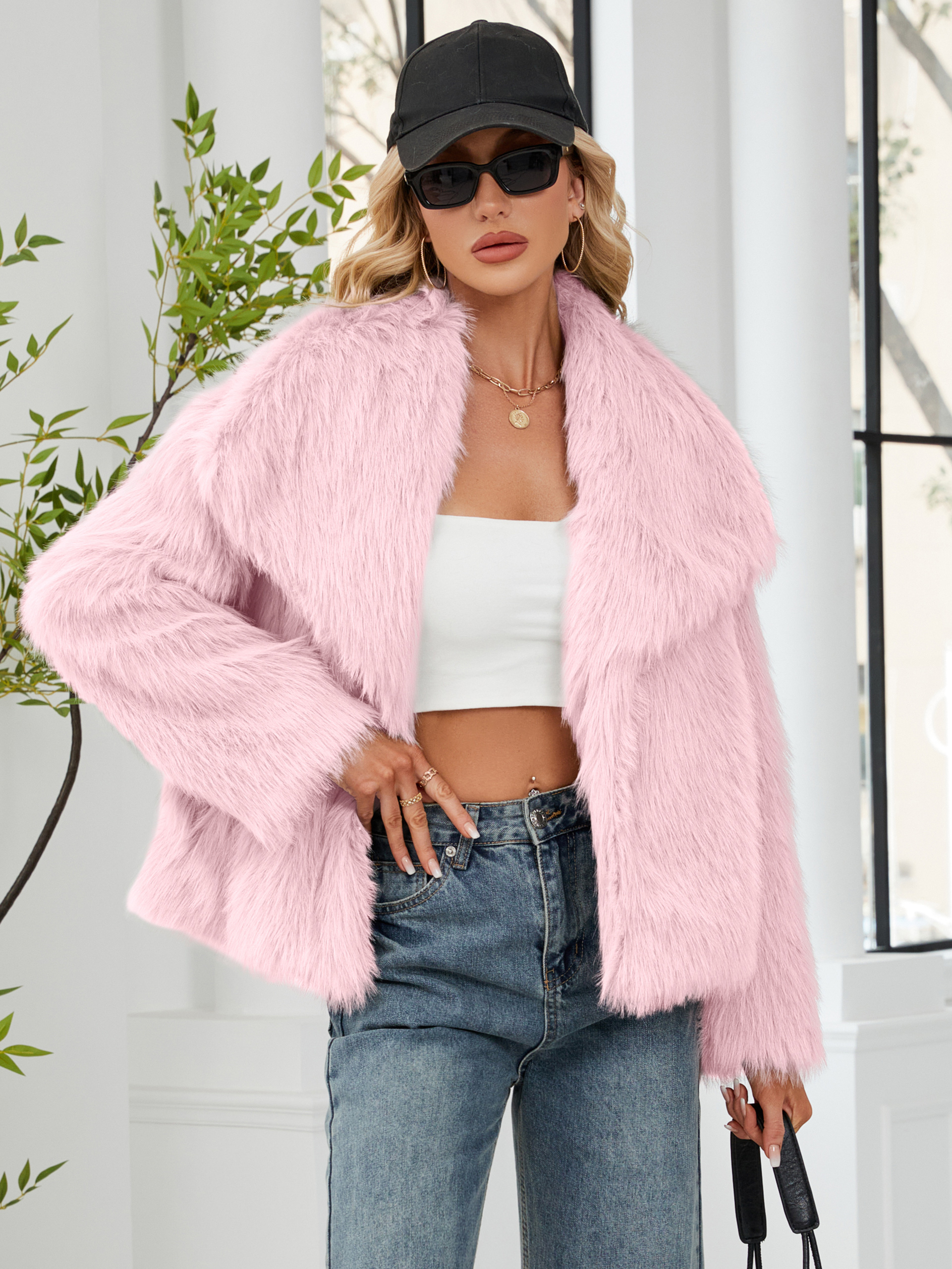 Luxurious Faux Fur Short Coat with Shawl Collar