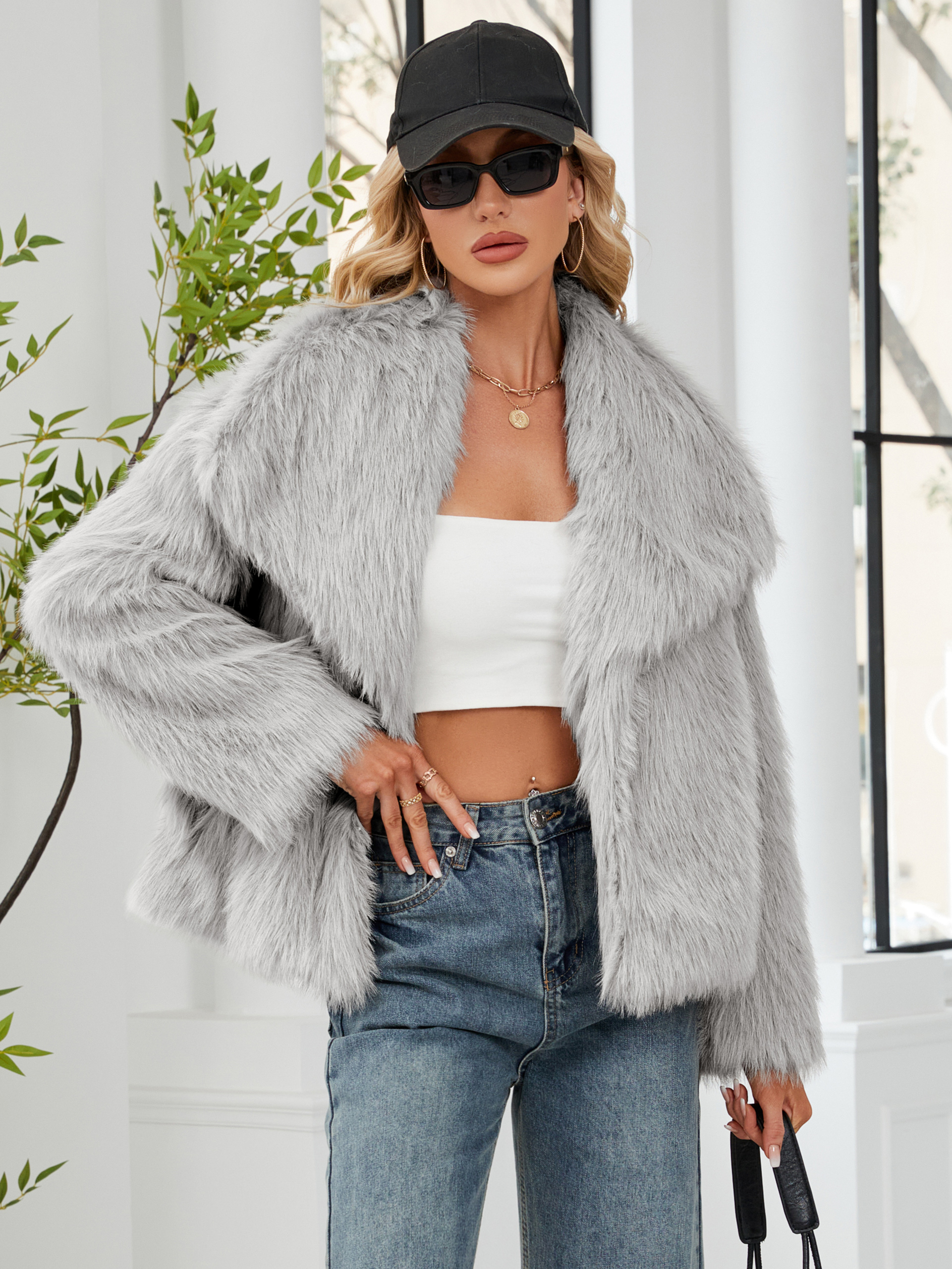 Luxurious Faux Fur Short Coat with Shawl Collar