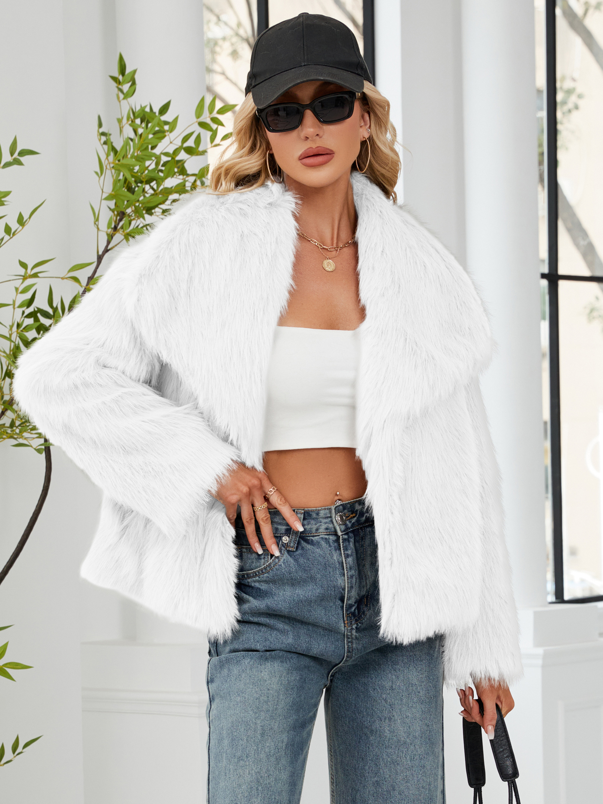 Luxurious Faux Fur Short Coat with Shawl Collar
