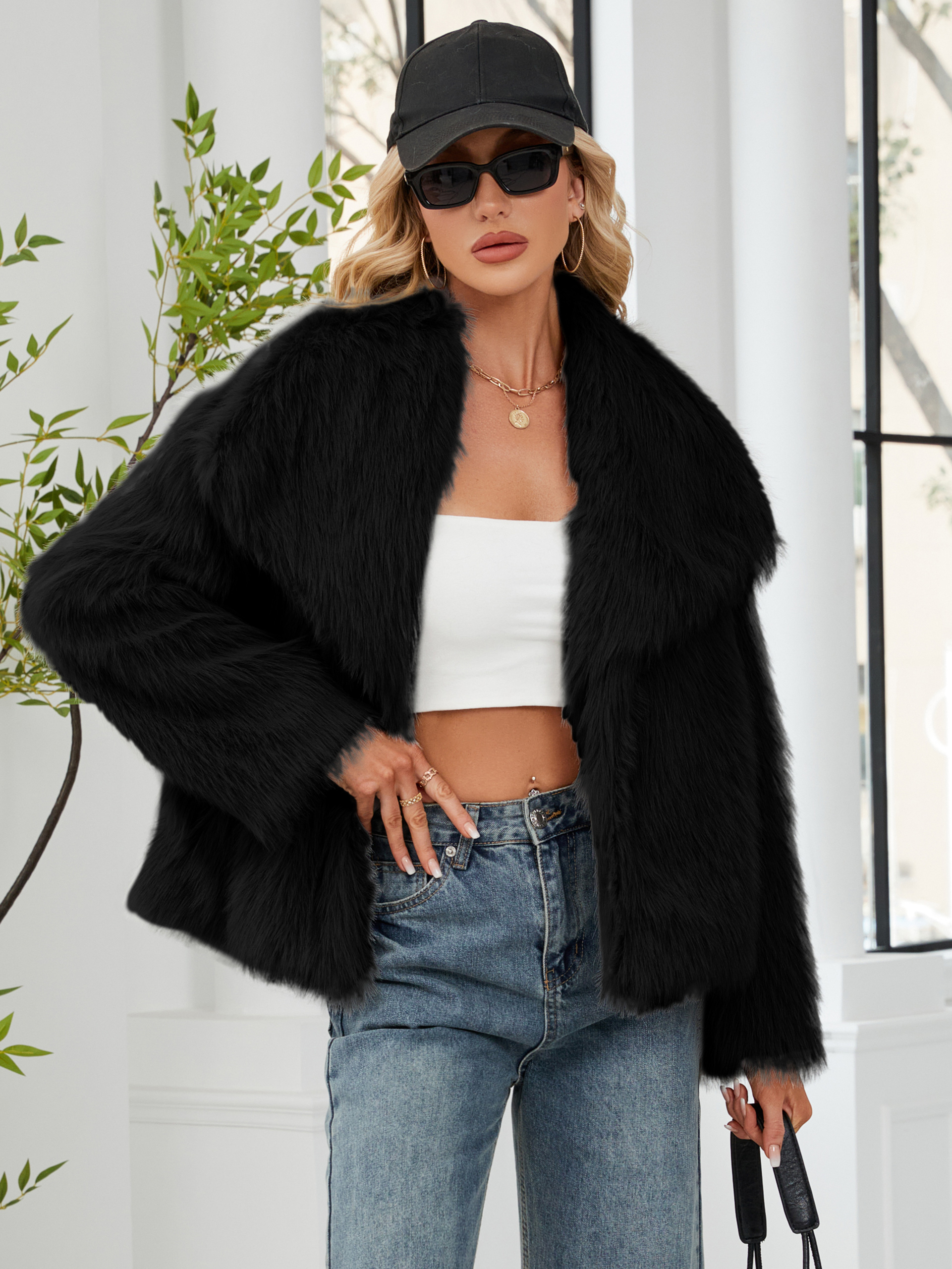 Luxurious Faux Fur Short Coat with Shawl Collar