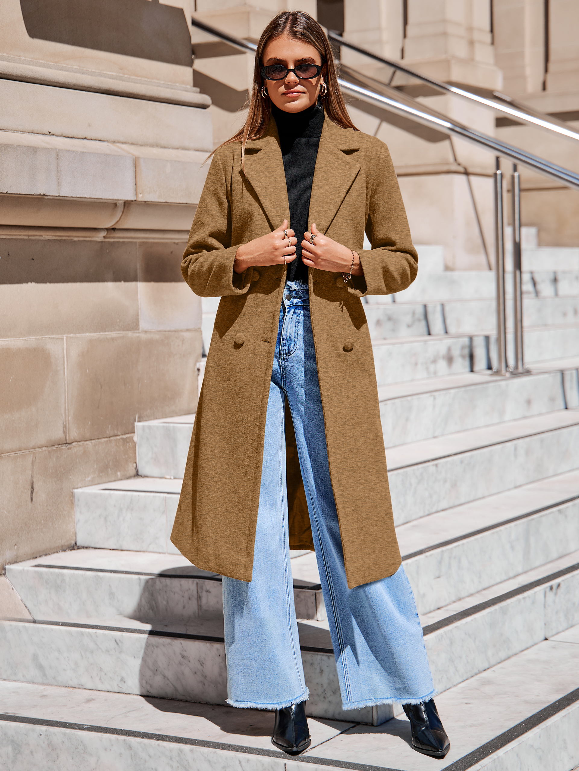 Longline Wool Blend Trench Coat with Belt