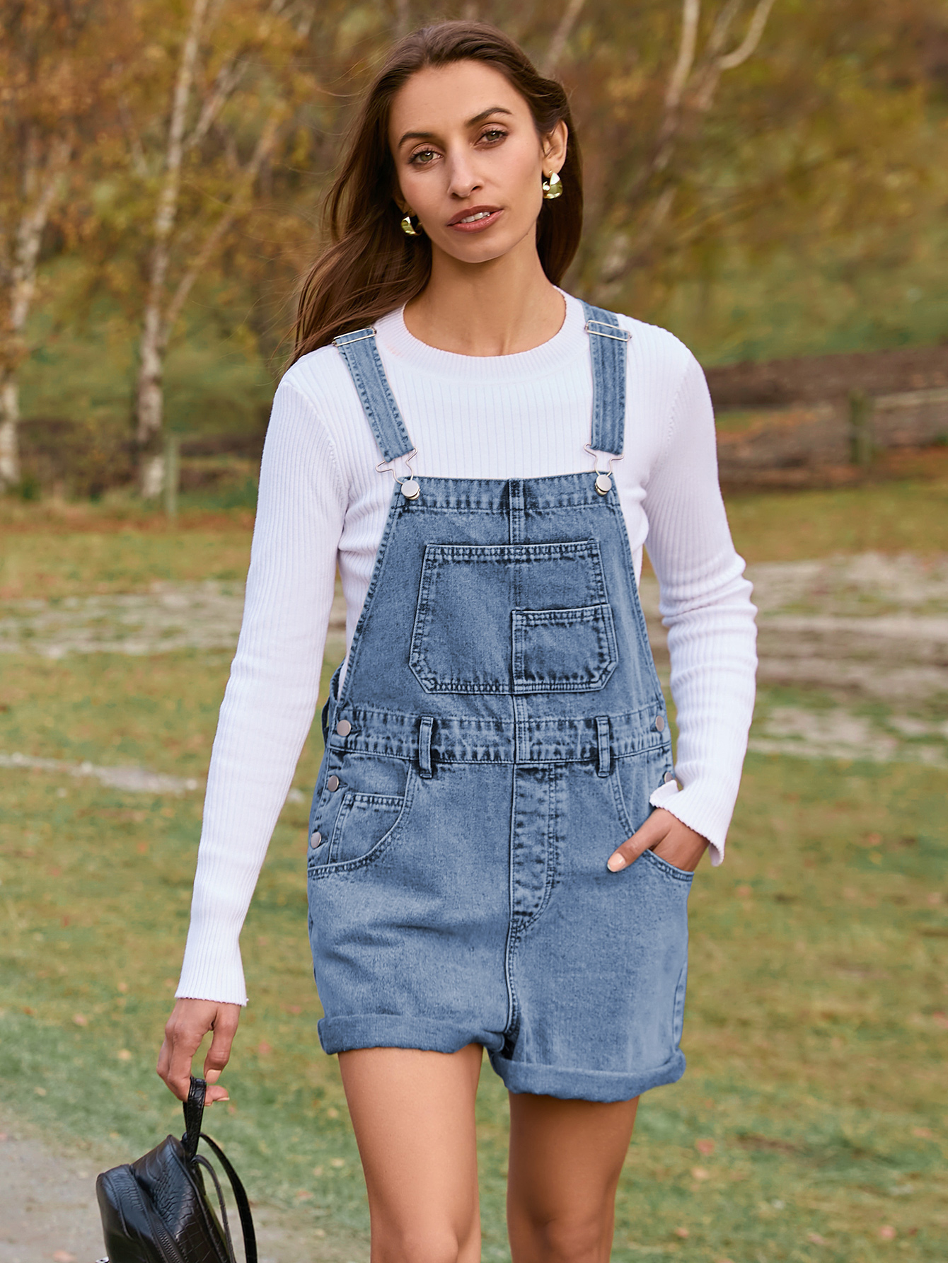 Casual Loose Fit Denim Romper with Pockets