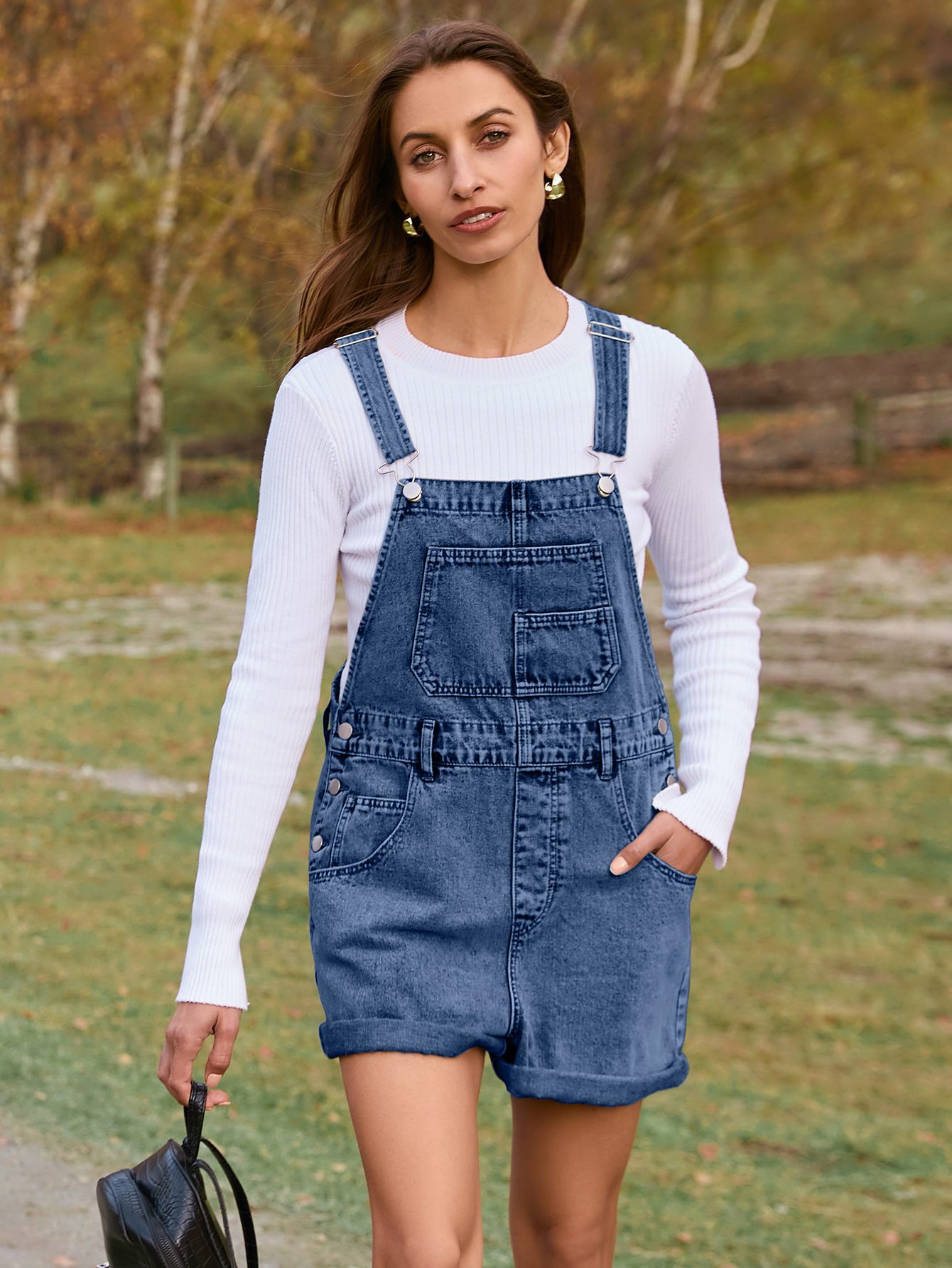 Casual Loose Fit Denim Romper with Pockets