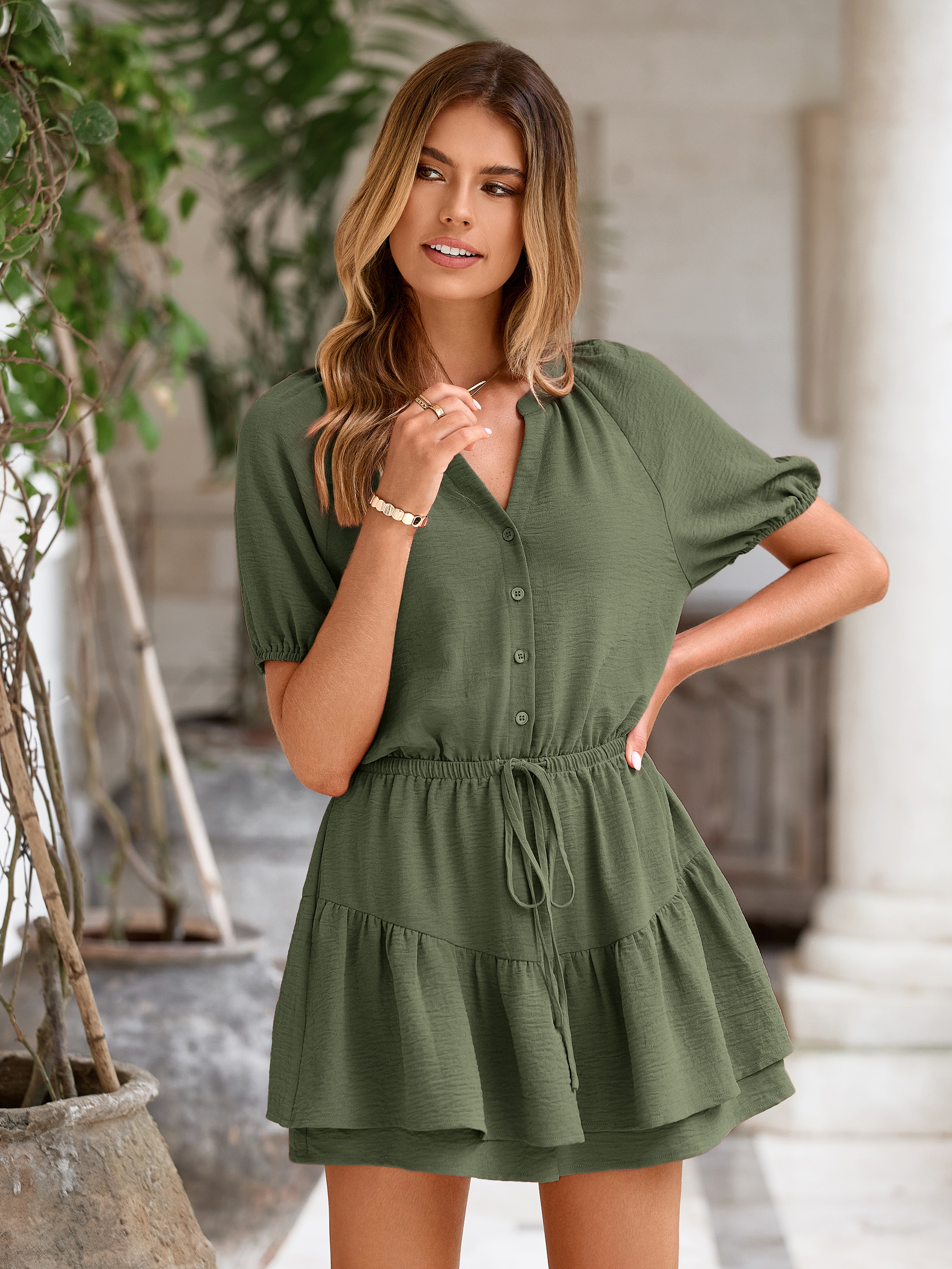Ruffle V Neck Short Sleeve Tie Waist Romper
