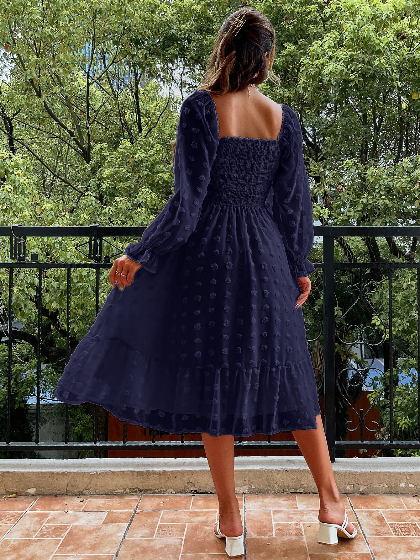 Square Neck Swiss Dot Long Sleeve Shirred Midi Dress - Navy Blue