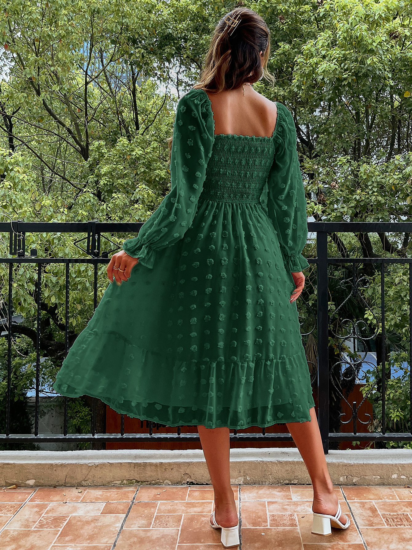Square Neck Swiss Dot Long Sleeve Shirred Midi Dress - Dark Green