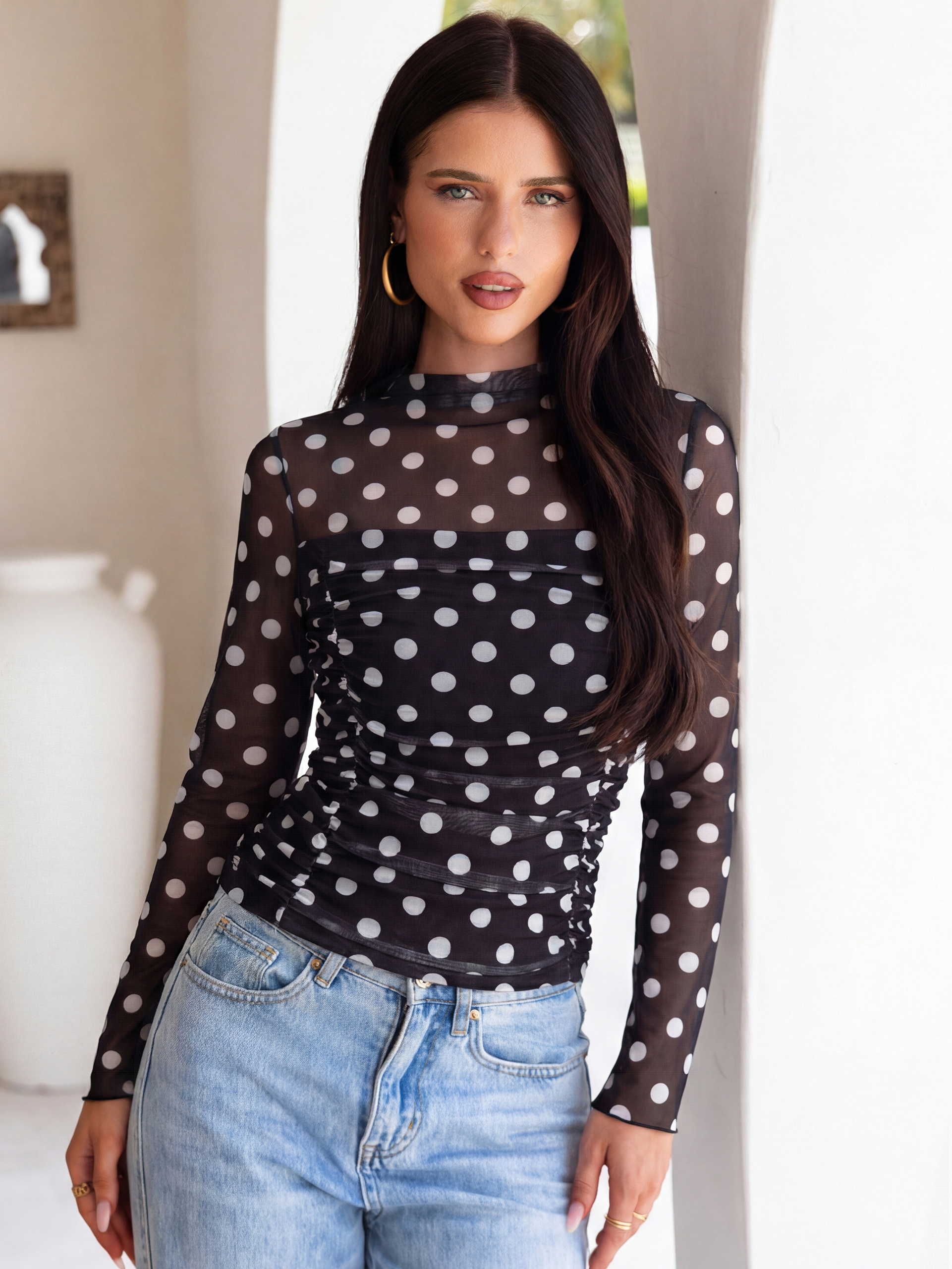 Polka Dot Mock Neck Ruched Mesh Long Sleeve Top