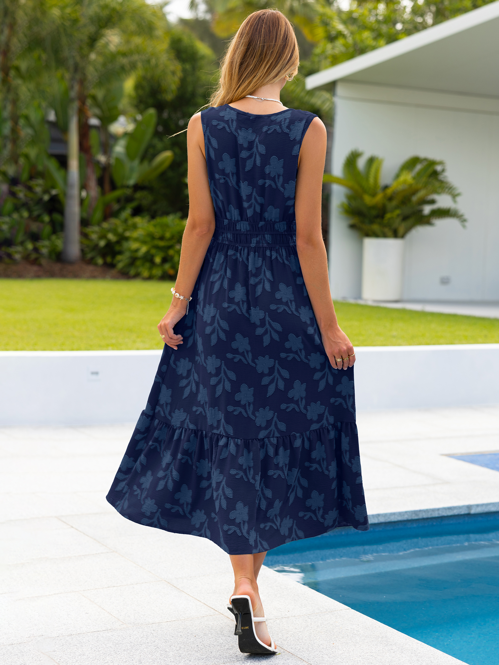 Floral Jacquard V Neck Sleeveless Maxi Dress