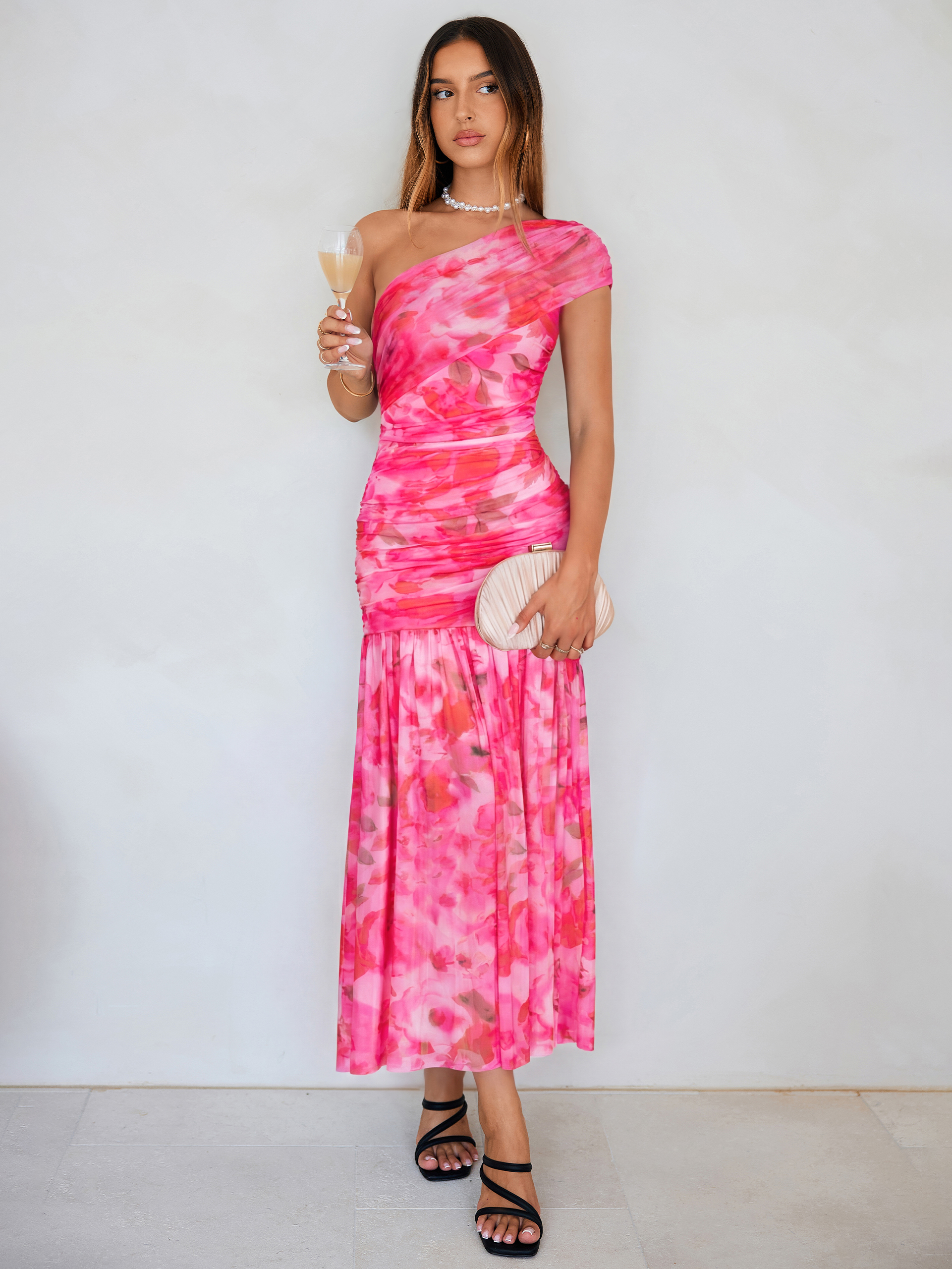 One Shoulder Floral Ruched Mesh Bodycon Dress