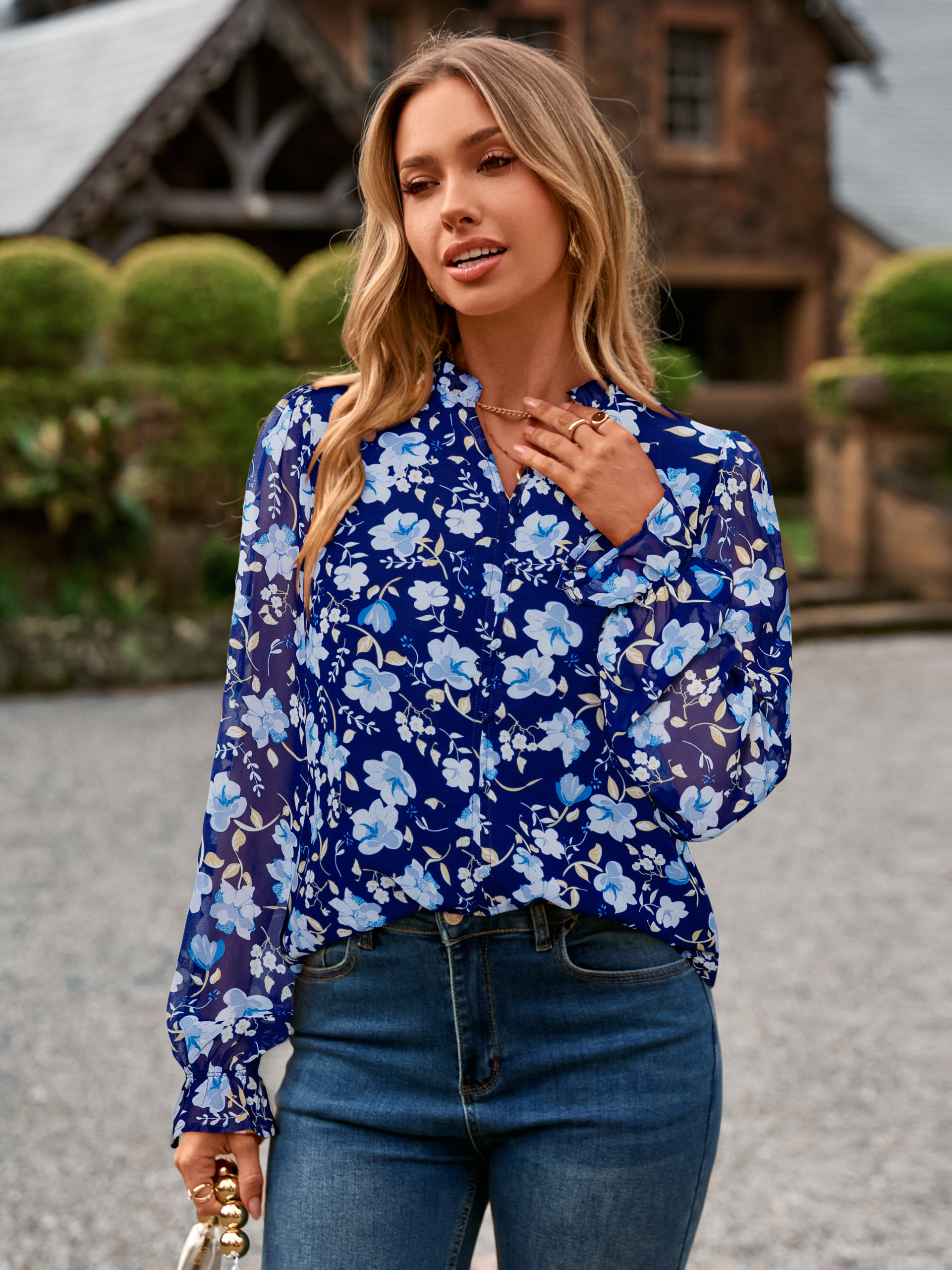 Floral V Neck Puff Sleeve Chiffon Blouse