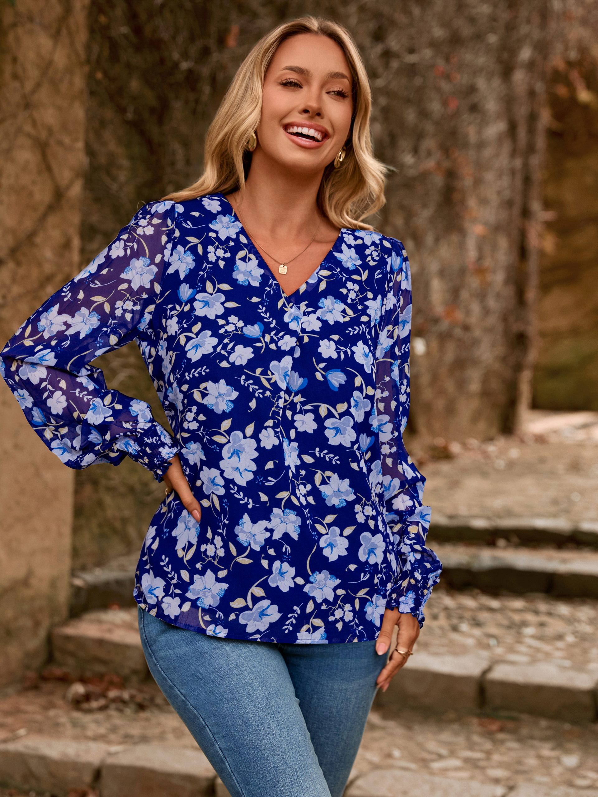 Floral V Neck Long Sleeve Blouse