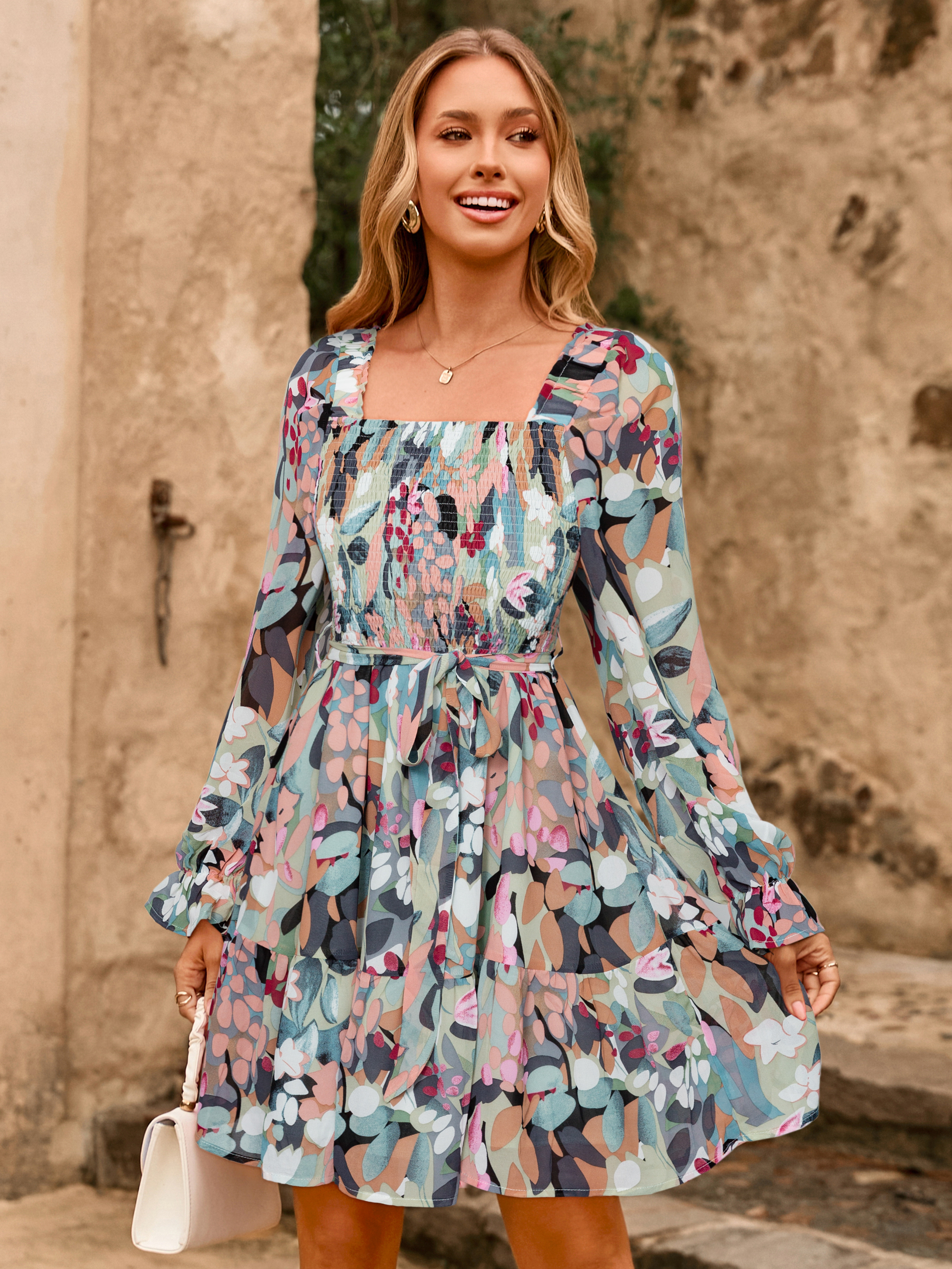 Boho Floral Chiffon Smocked Mini Dress - Green Floral