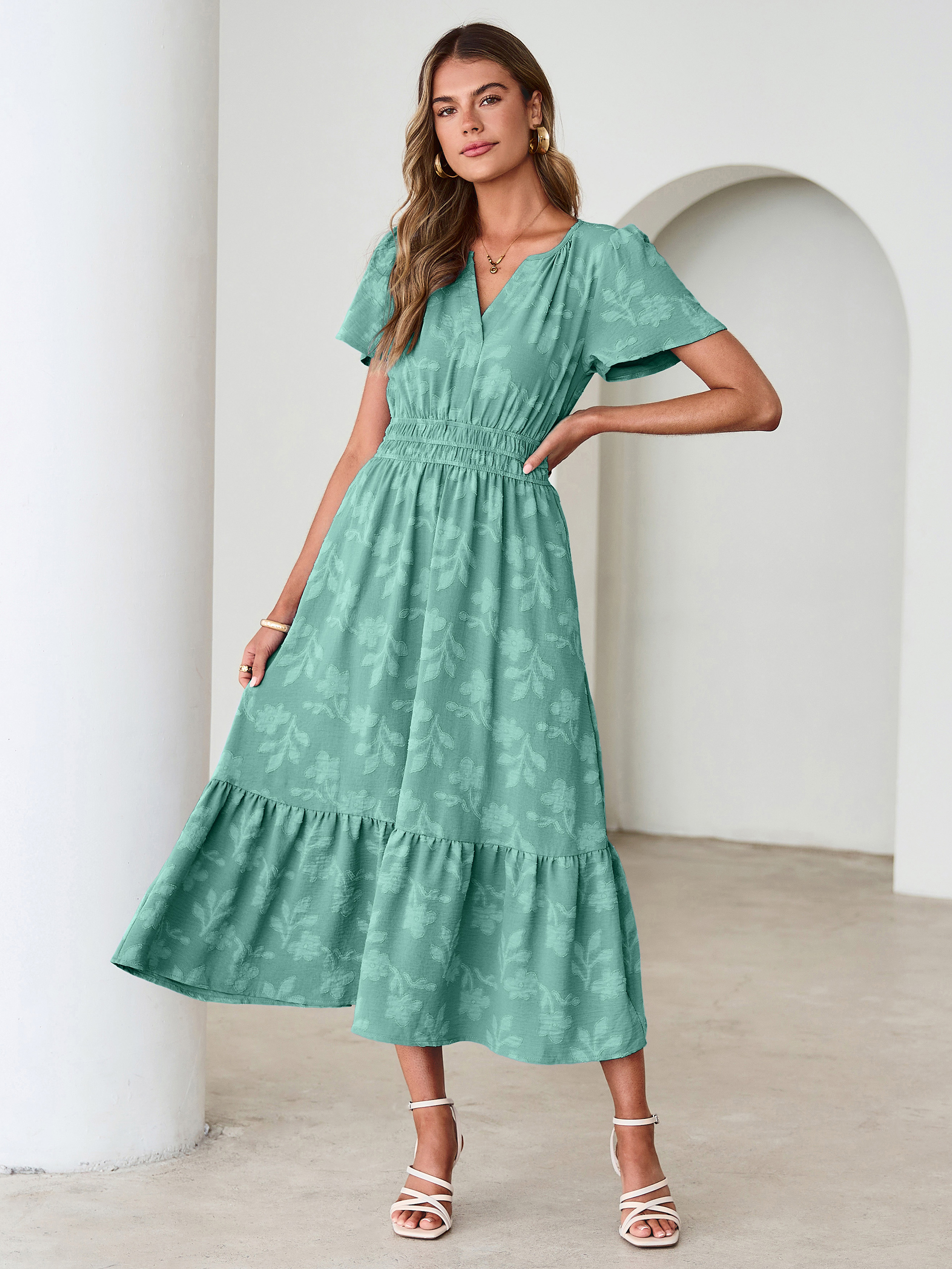 V Neck Burnout Floral Ruffle Maxi Dress