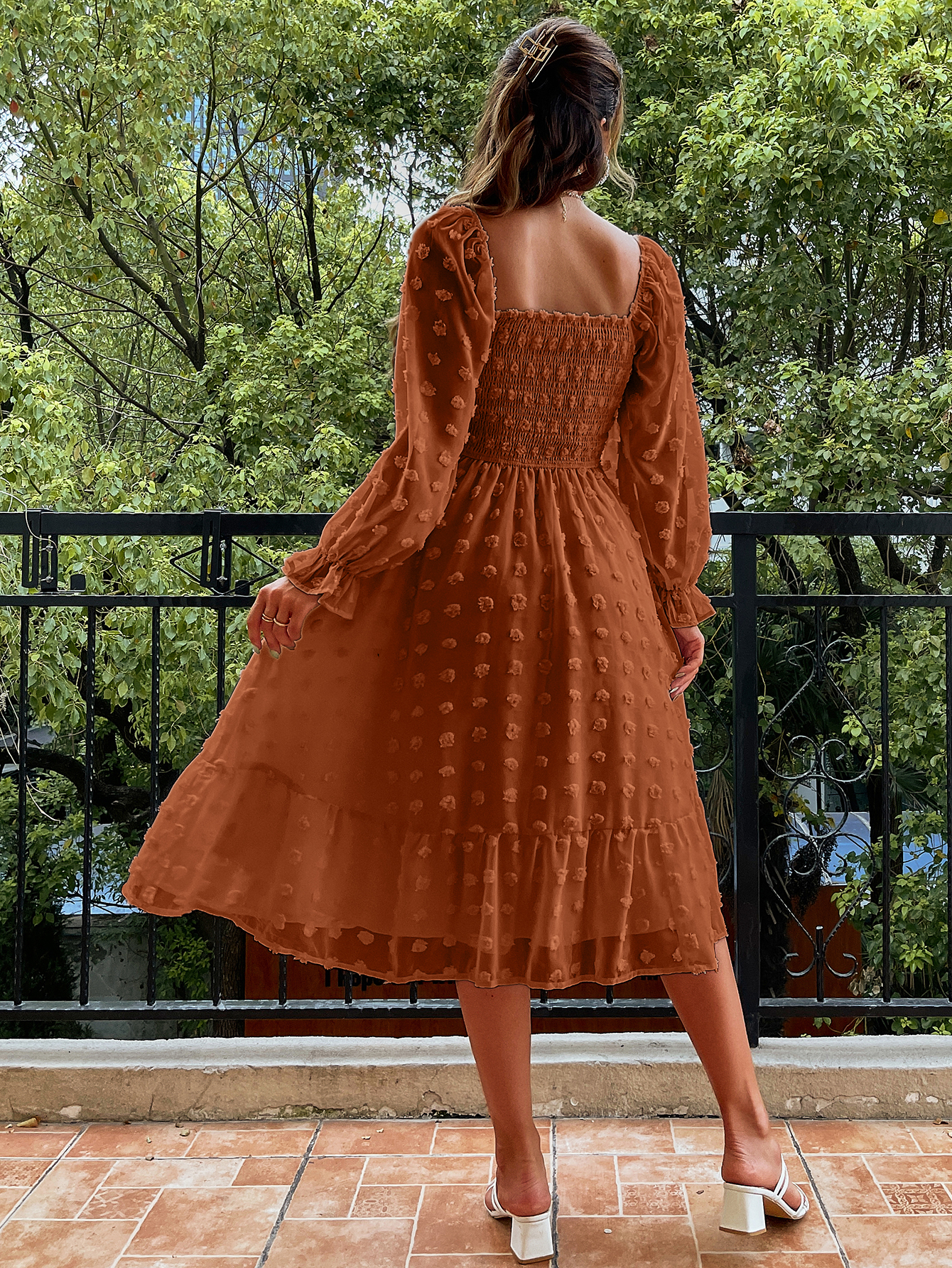 Square Neck Swiss Dot Long Sleeve Shirred Midi Dress - Orange