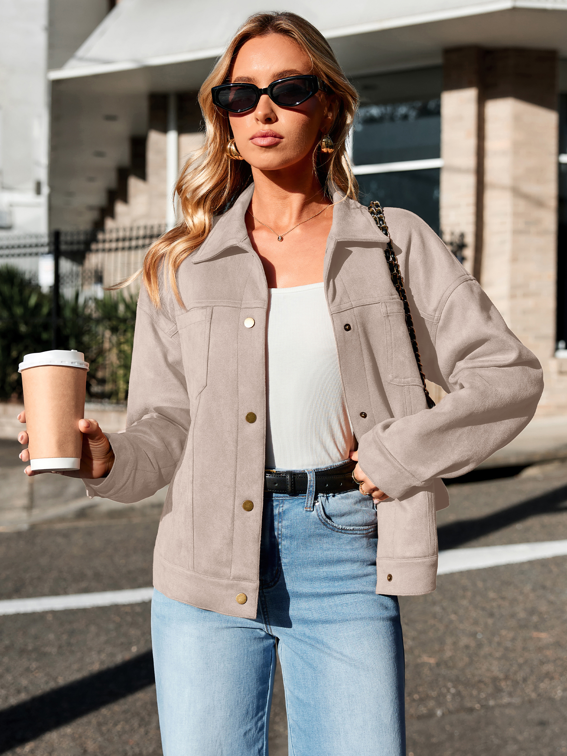 Faux Suede Button Down Cropped Jacket - Light Grey