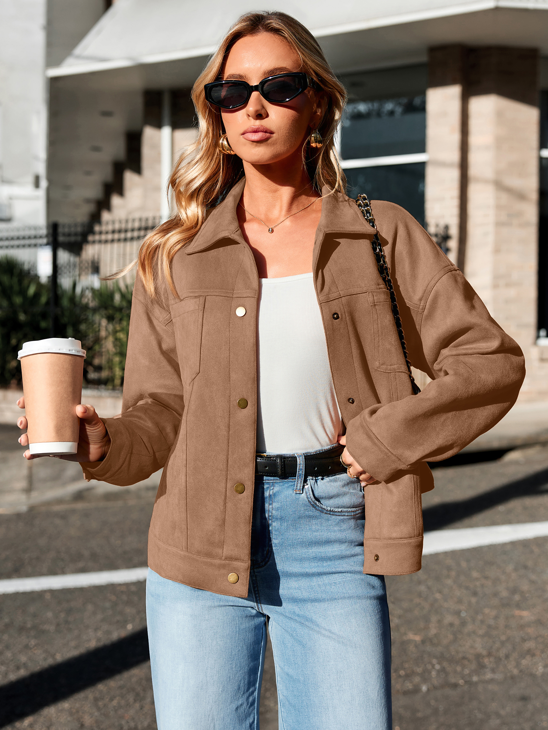 Faux Suede Button Down Cropped Jacket - Camel