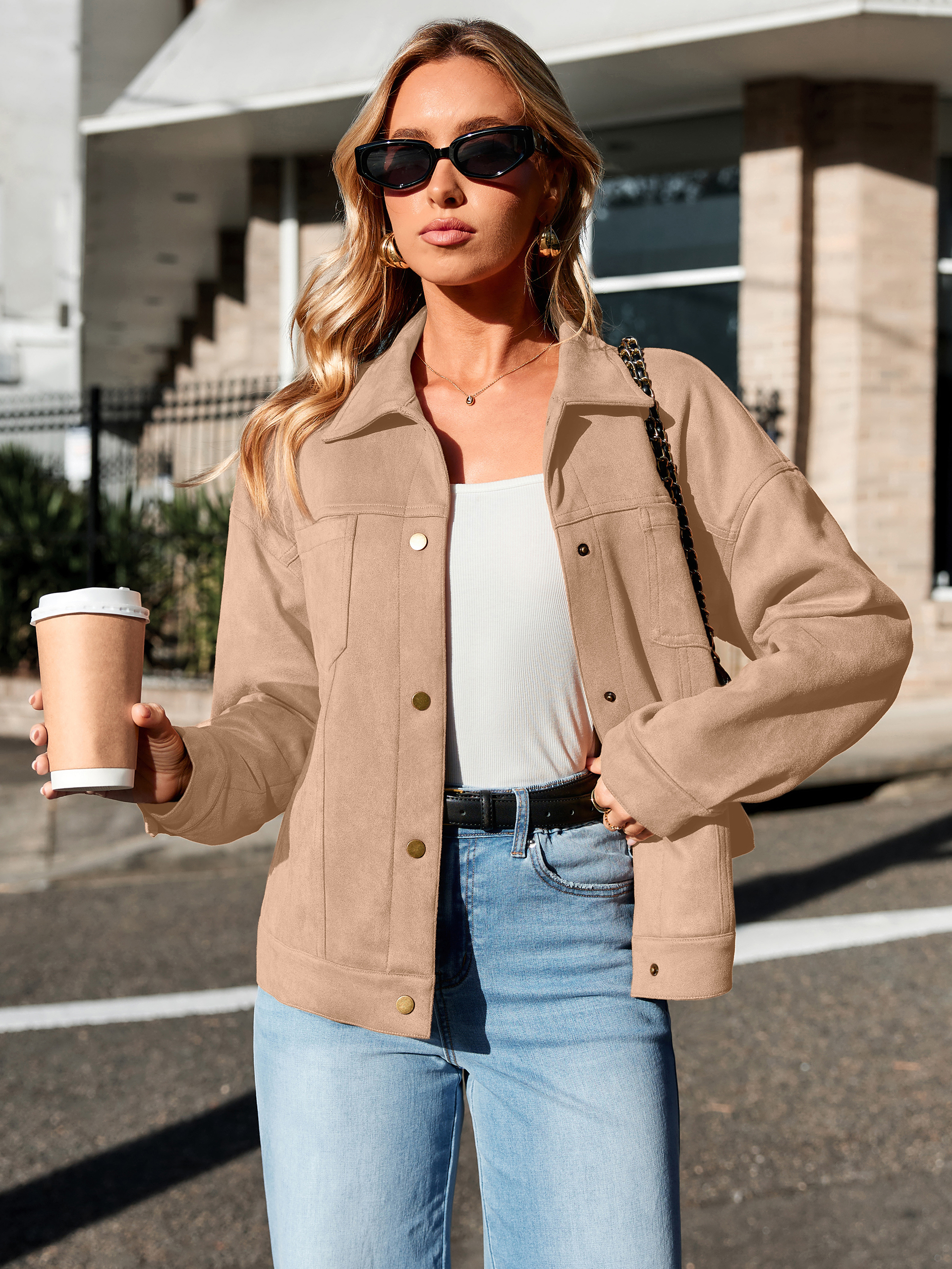 Faux Suede Button Down Cropped Jacket - Khaki
