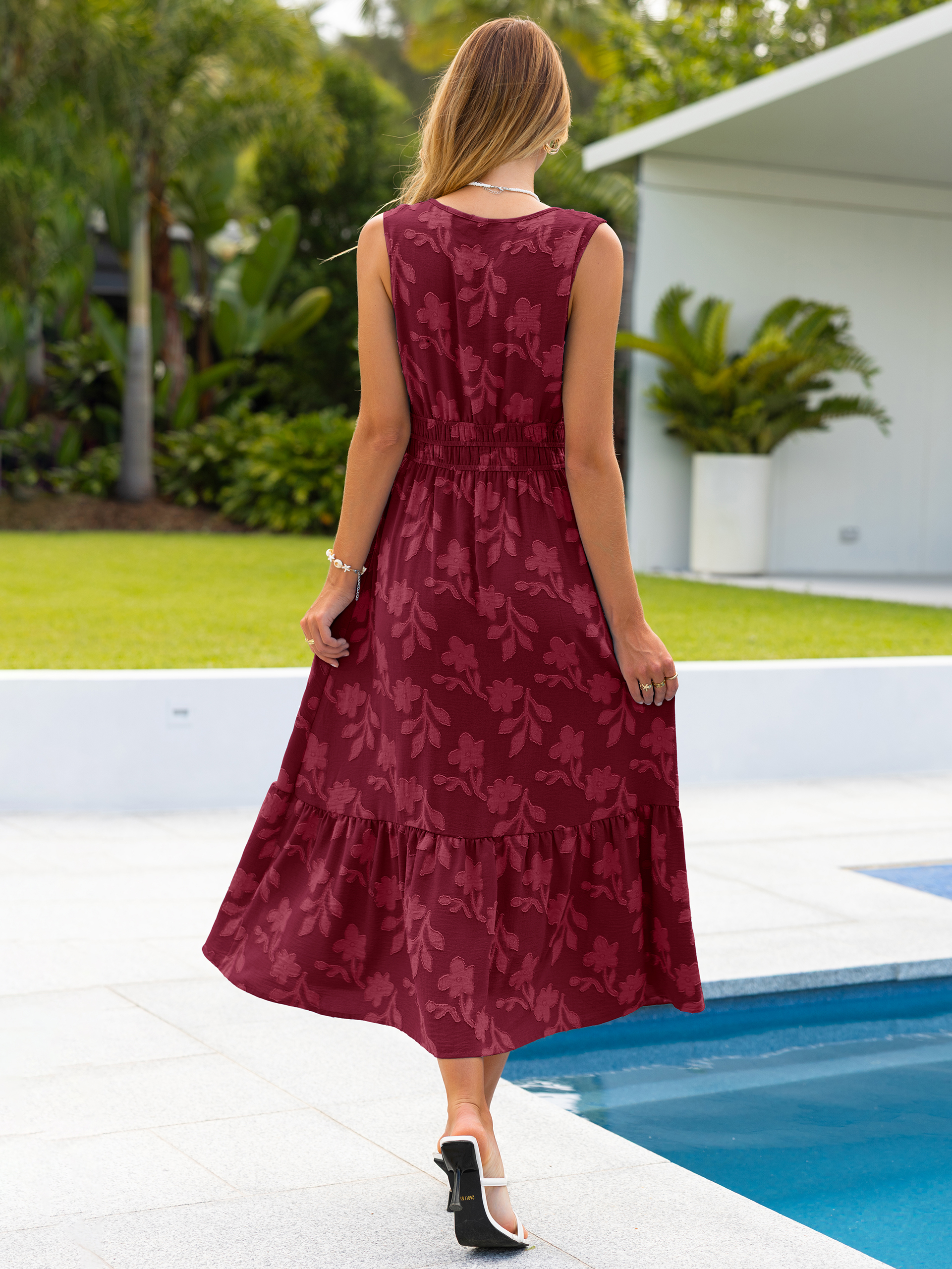 Floral Jacquard V Neck Sleeveless Maxi Dress