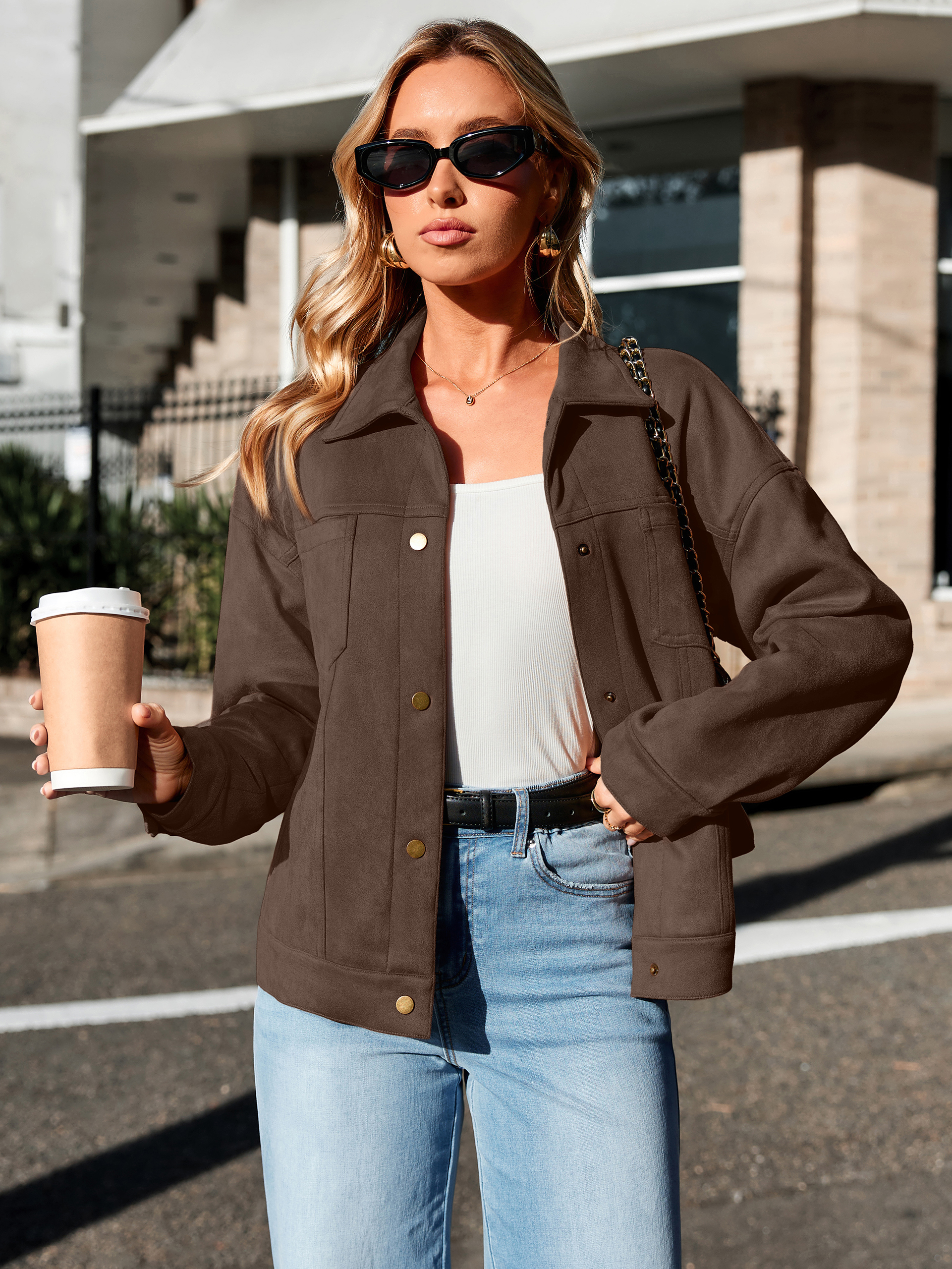 Faux Suede Button Down Cropped Jacket - Dark Brown