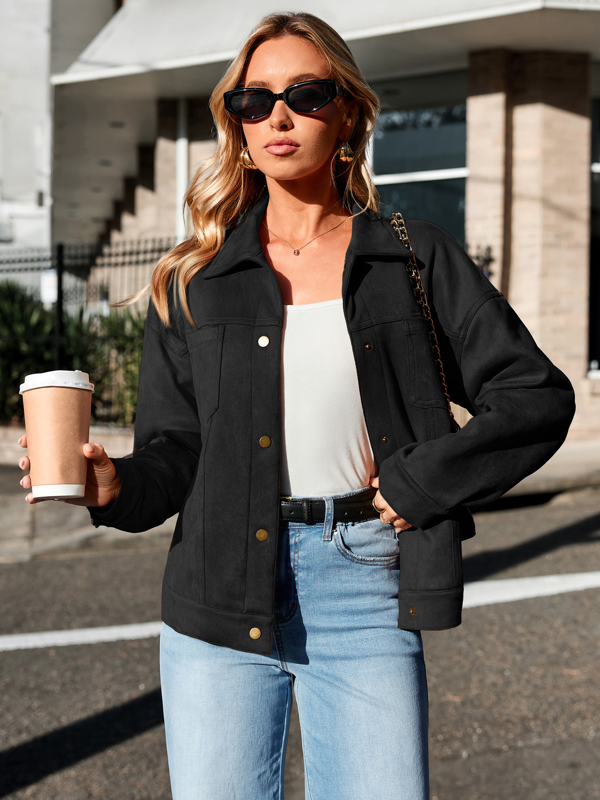 Faux Suede Button Down Cropped Jacket - Black