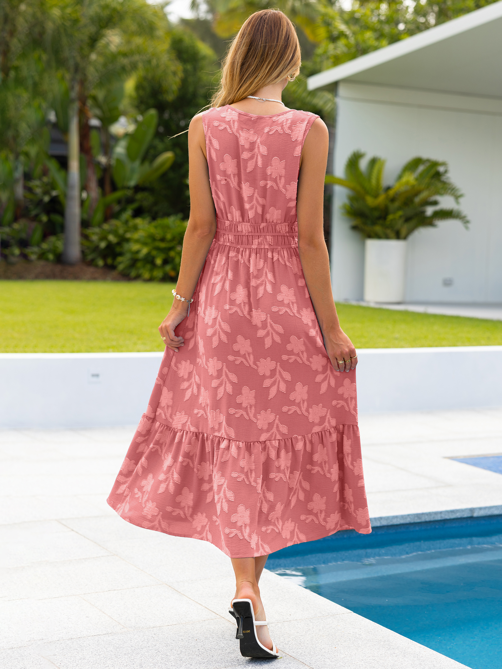 Floral Jacquard V Neck Sleeveless Maxi Dress