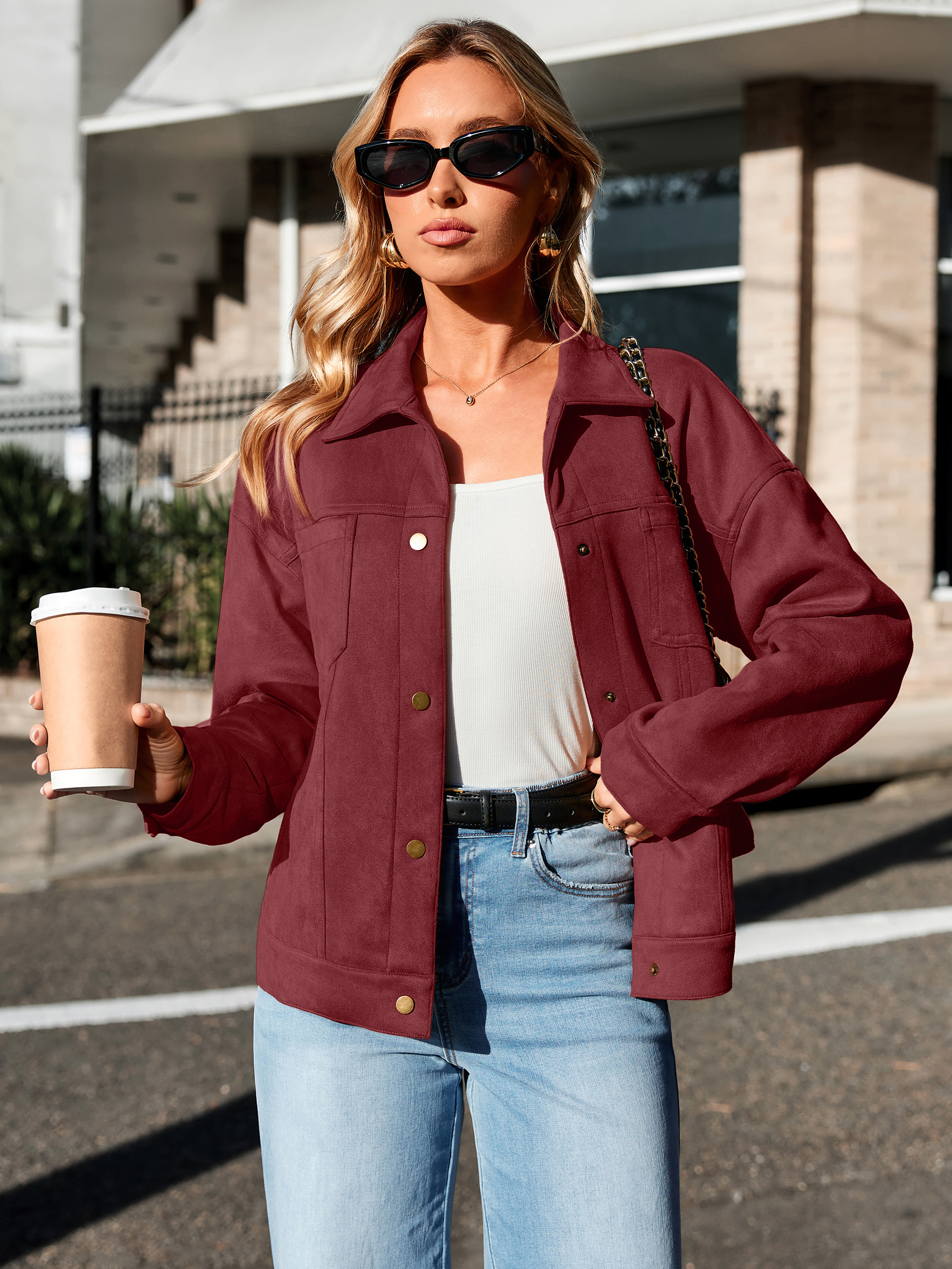 Faux Suede Button Down Cropped Jacket - Burgundy