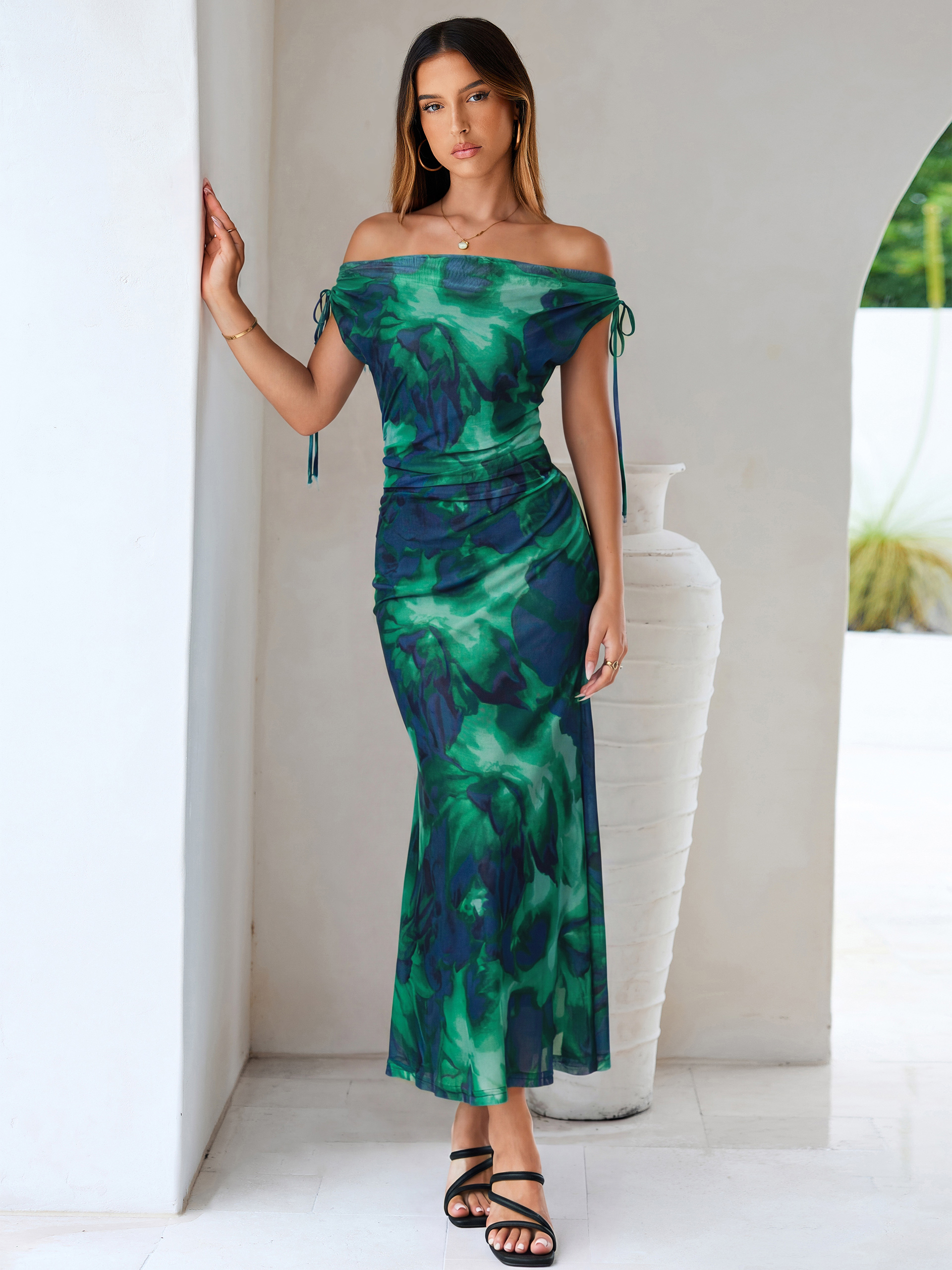 Floral Off Shoulder Mesh Bodycon Maxi Dress