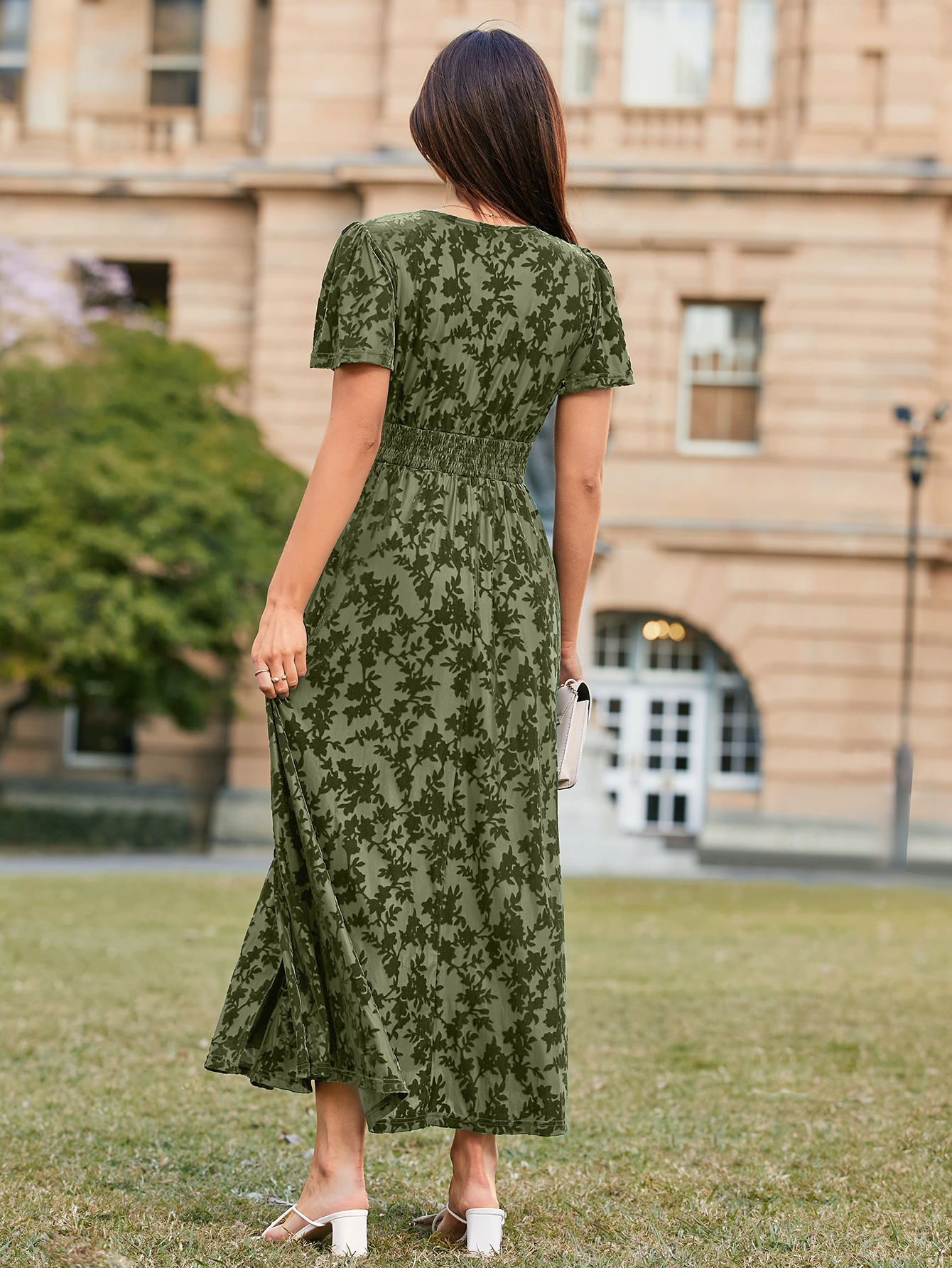 Velvet Floral Slit V-Neck Flutter Sleeve Maxi Dress - Army Green