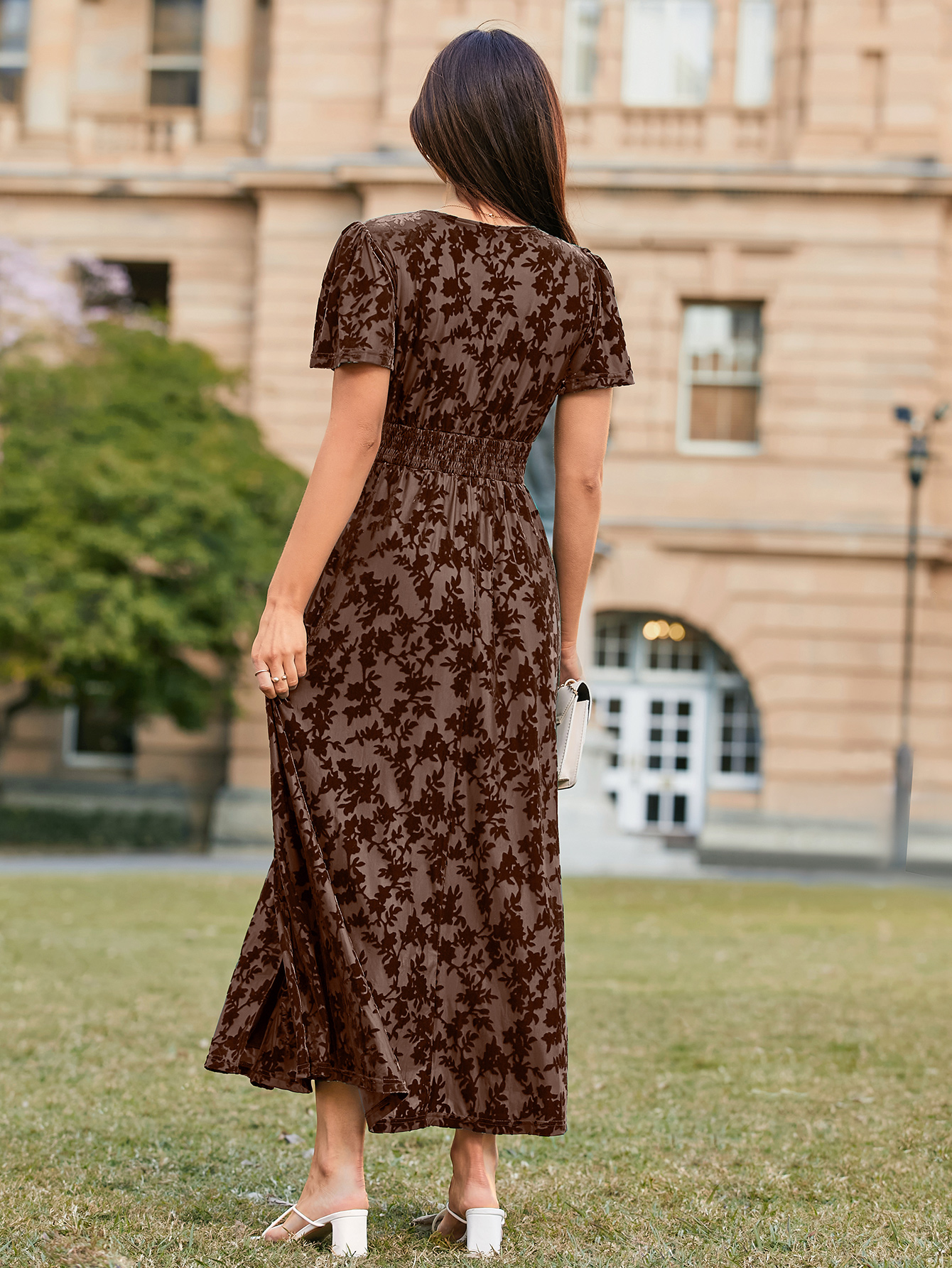 Velvet Floral Slit V-Neck Flutter Sleeve Maxi Dress - Brown