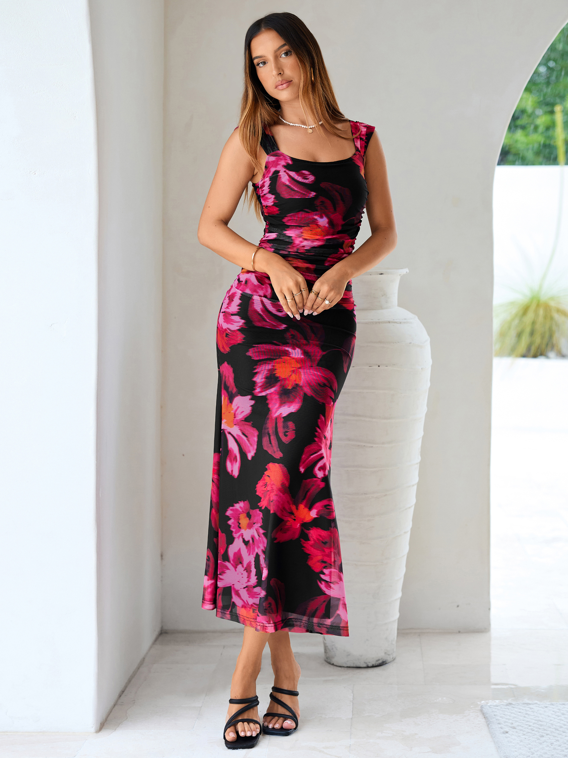 Floral Square Neck Ruched Mesh Bodycon Dress