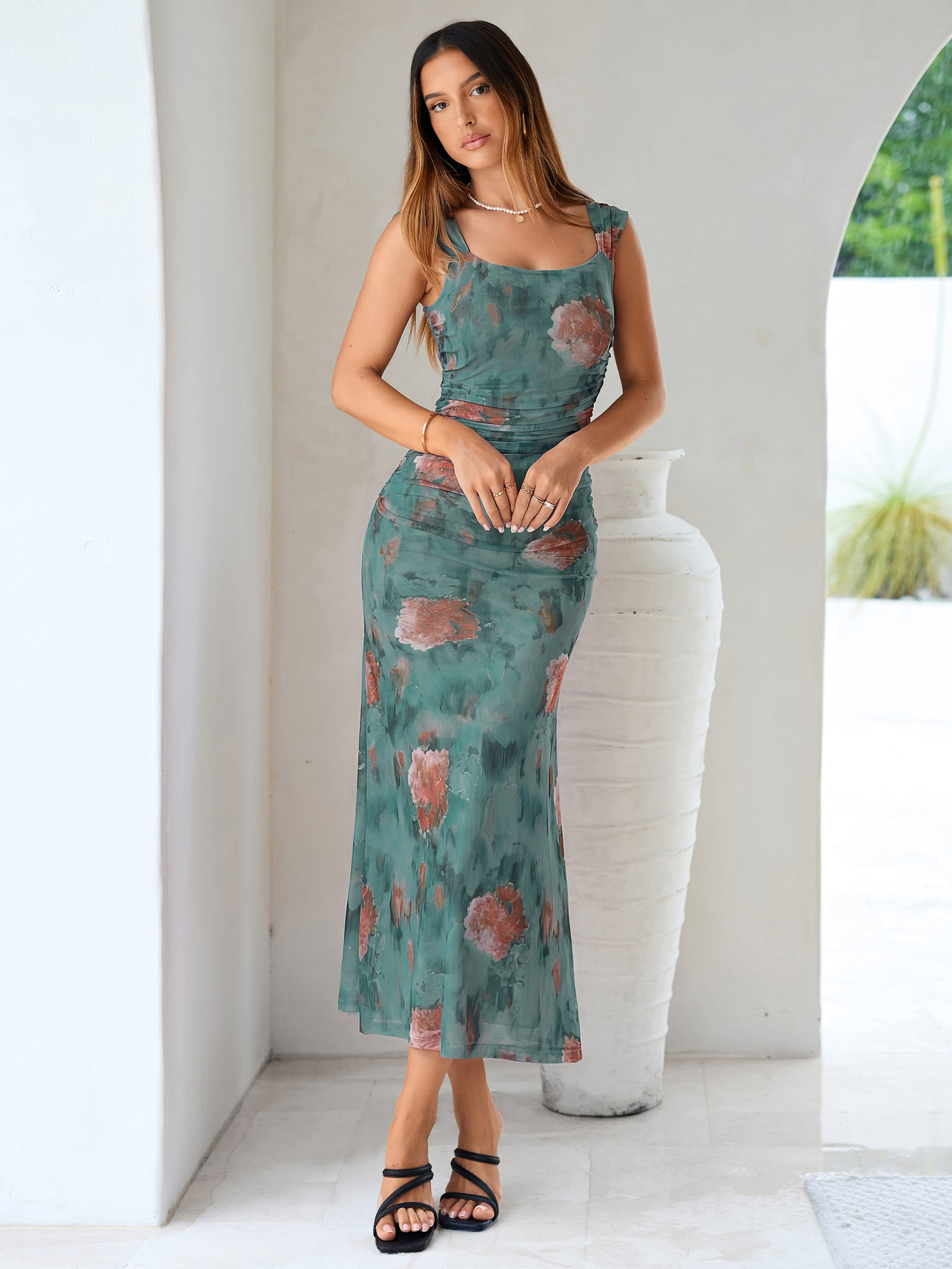 Floral Square Neck Ruched Mesh Bodycon Dress