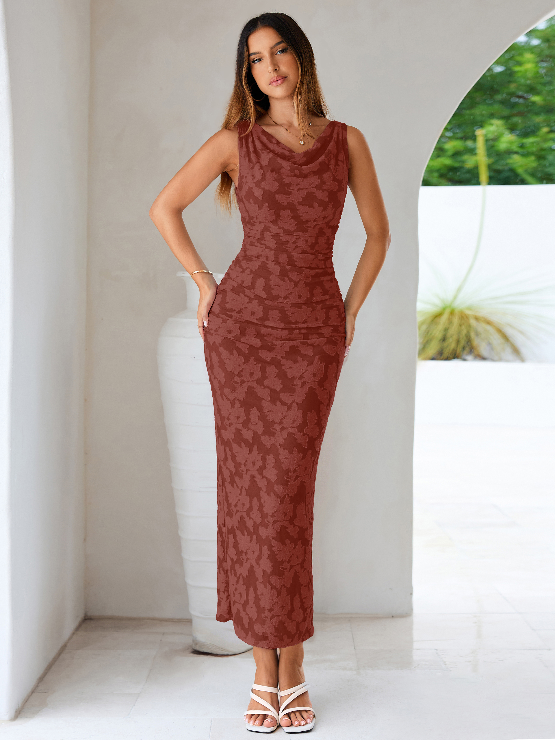 Cowl Neck Floral Jacquard Ruched Maxi Dress