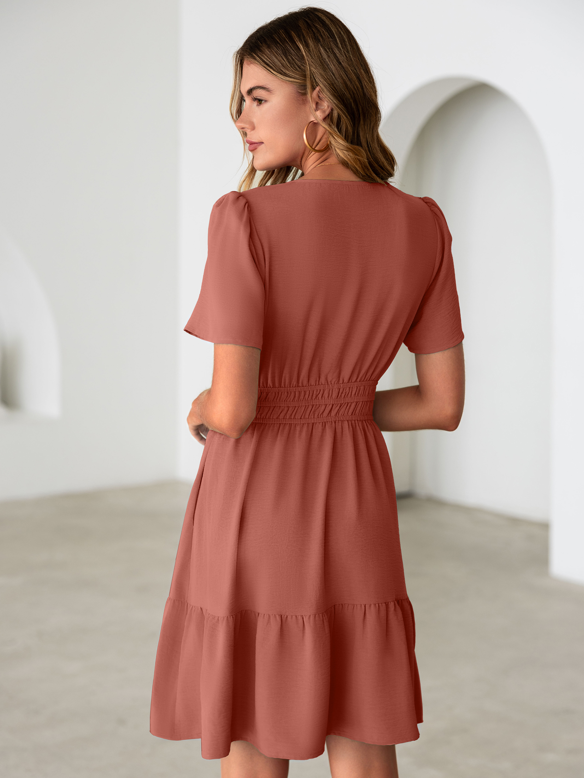 V Neck Smocked Waist Ruffle Hem Mini Dress - Rust Pink