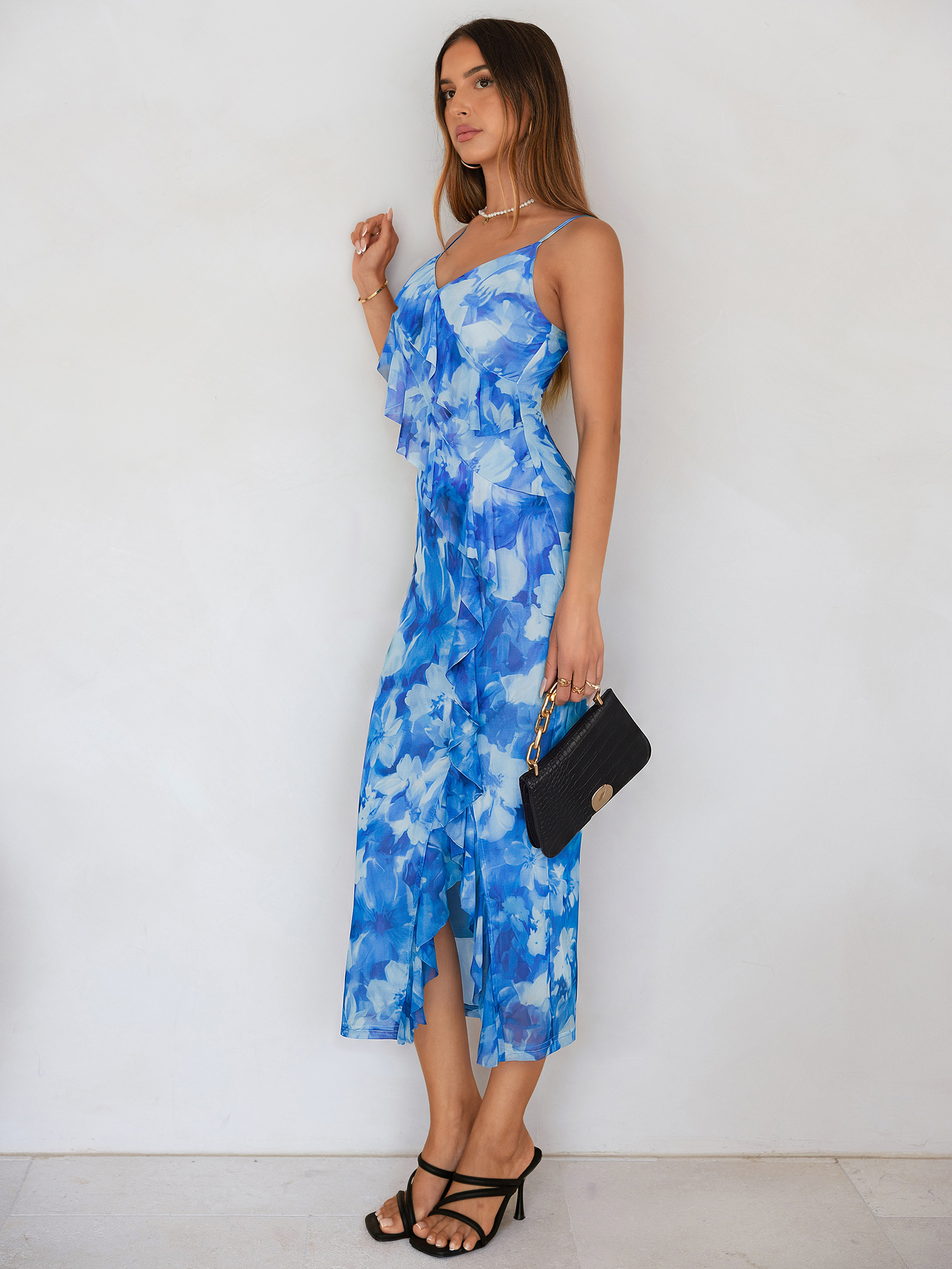Floral V Neck Ruffle Mesh Maxi Dress with Slit