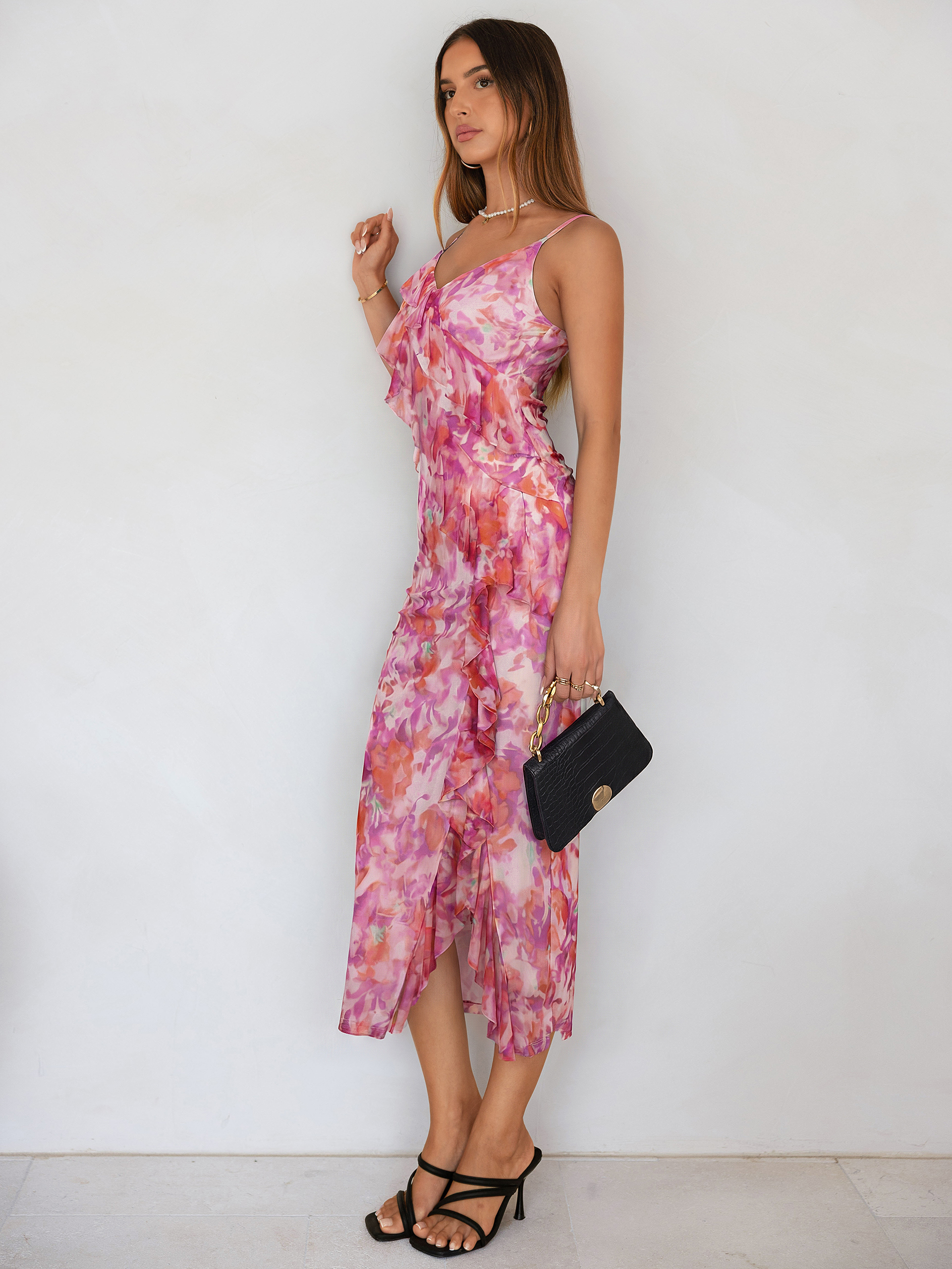 Floral V Neck Ruffle Mesh Maxi Dress with Slit
