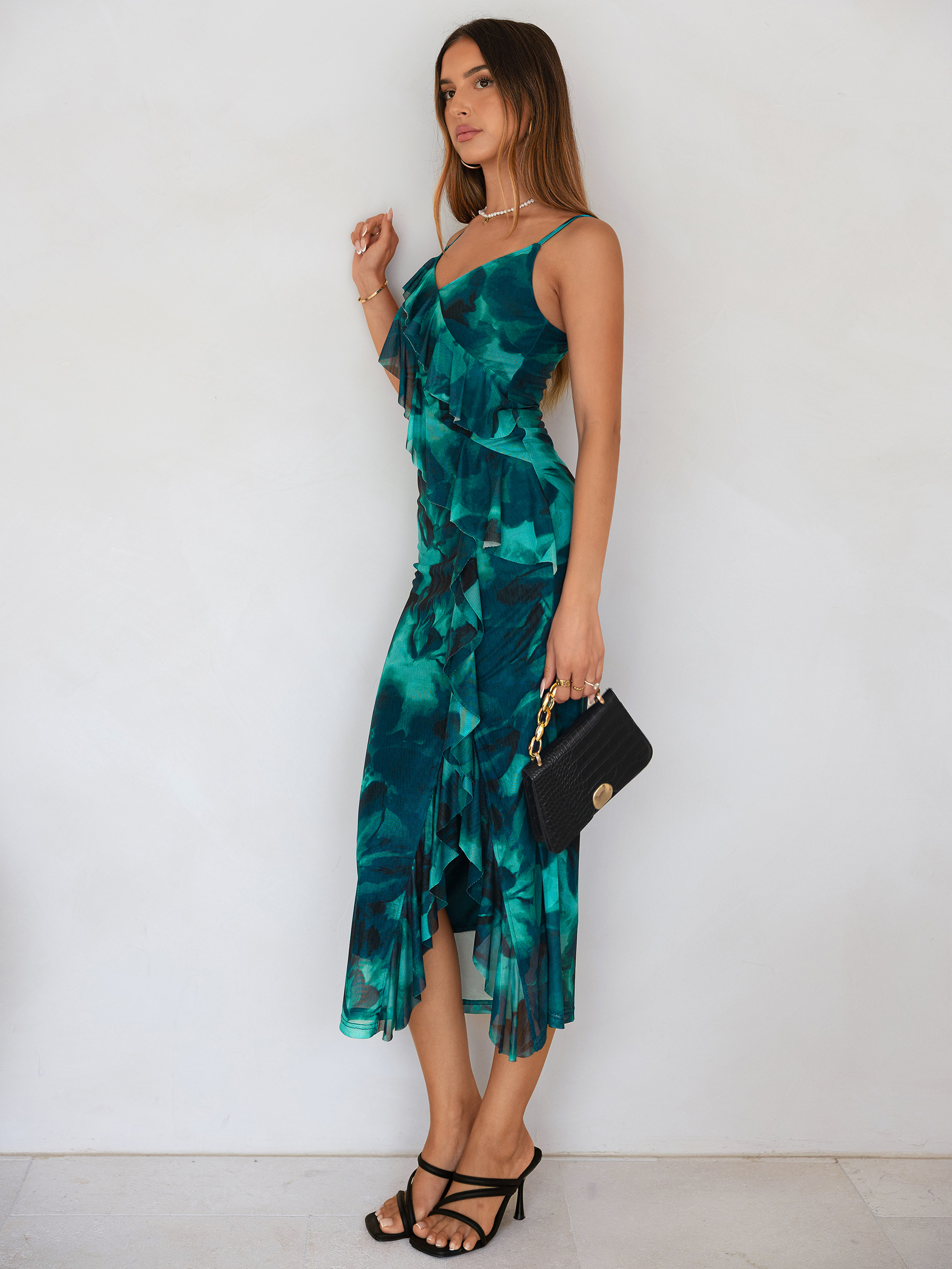 Floral V Neck Ruffle Mesh Maxi Dress with Slit