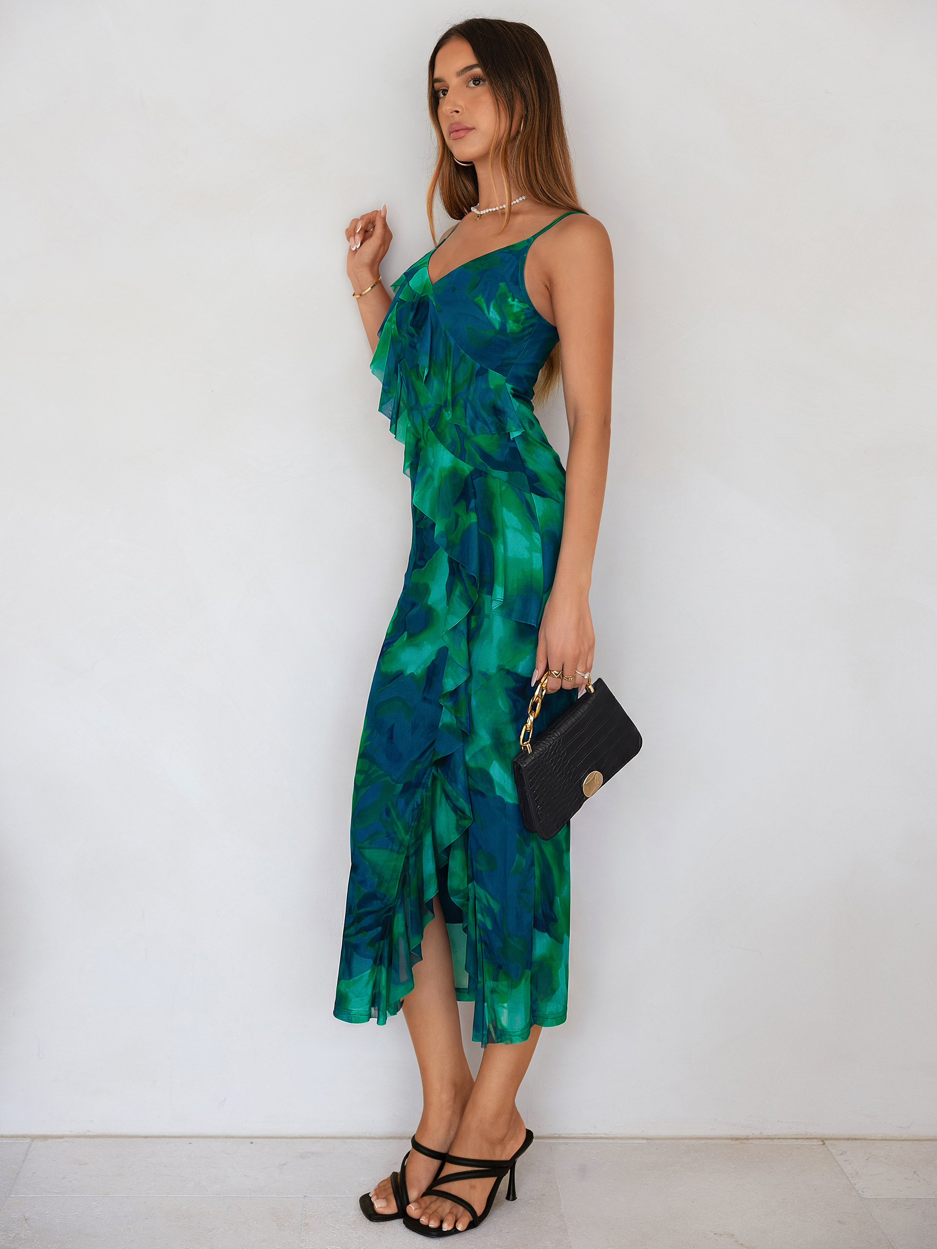 Floral V Neck Ruffle Mesh Maxi Dress with Slit