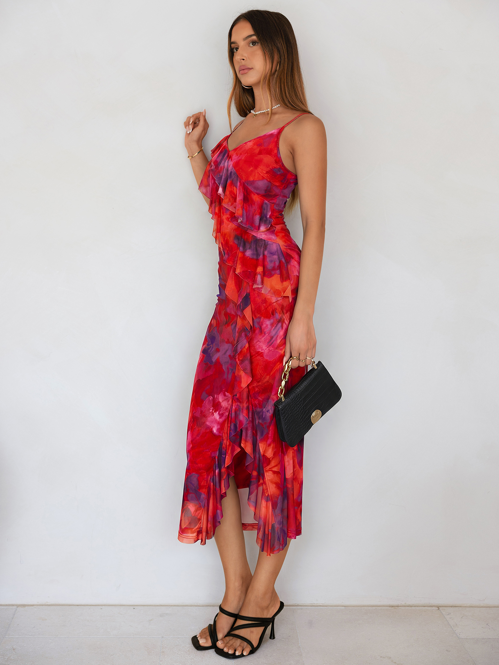Floral V Neck Ruffle Mesh Maxi Dress with Slit