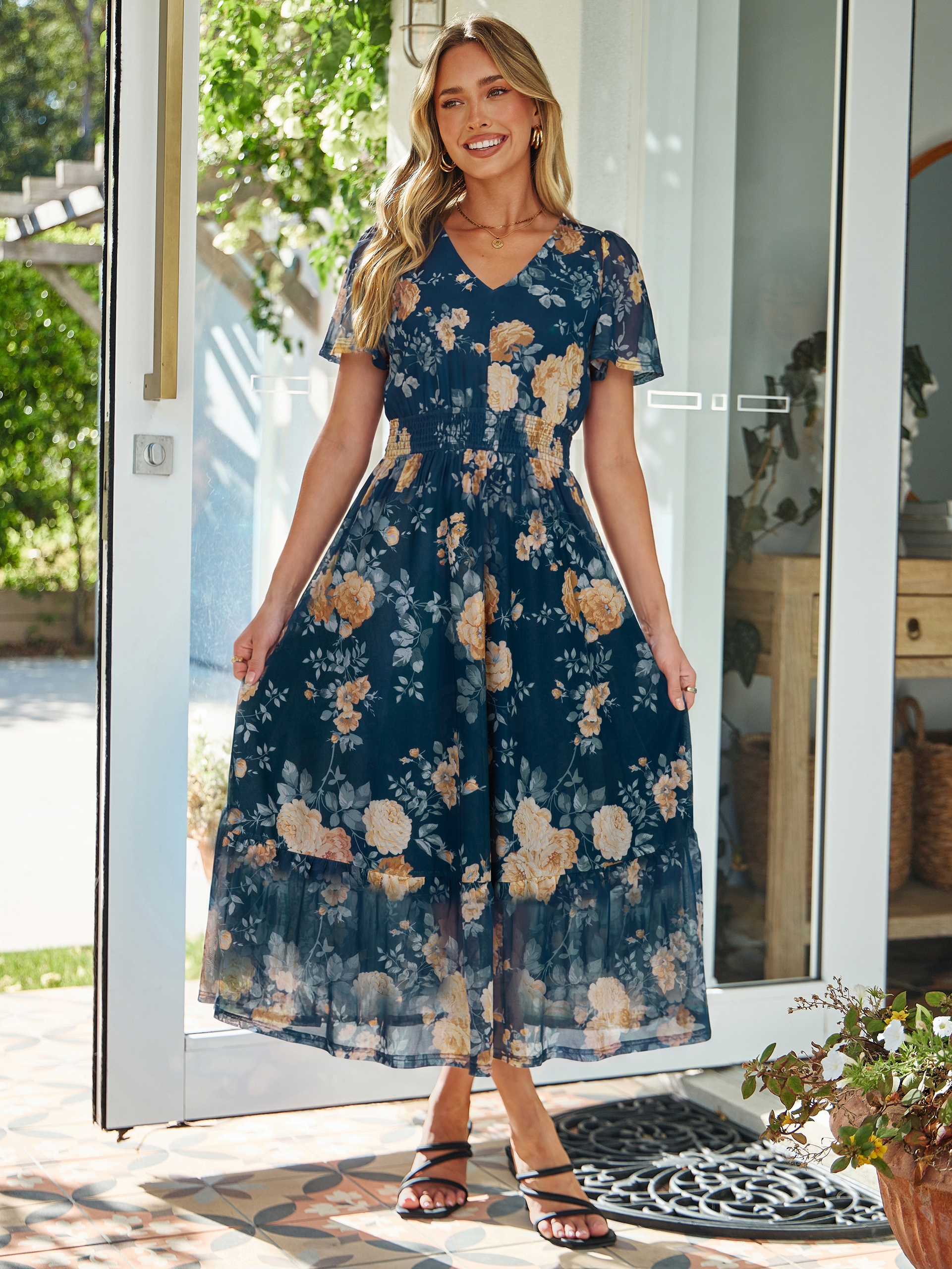 Floral V-Neck Wedding Guest Maxi Dress