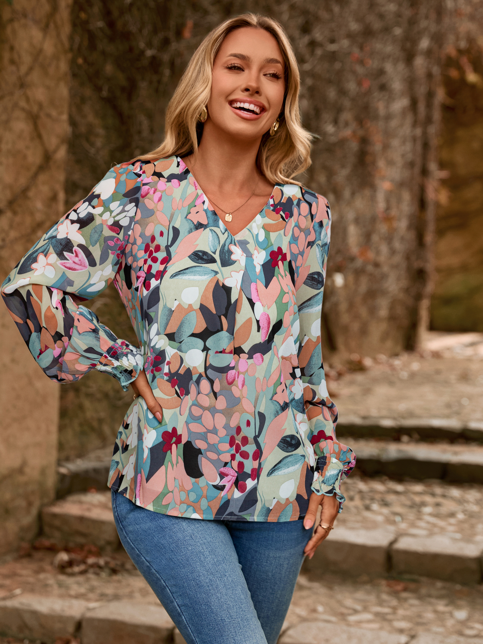 Floral V Neck Long Sleeve Blouse