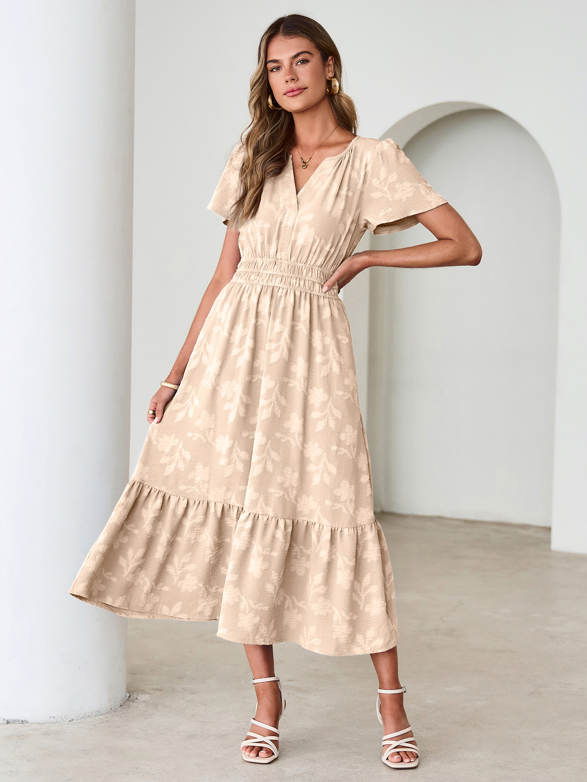 V Neck Burnout Floral Ruffle Maxi Dress